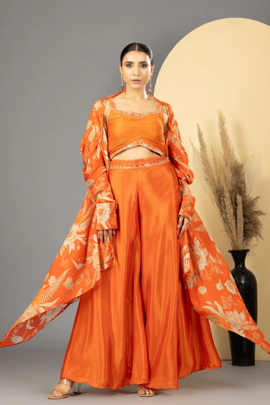 Orange Sharara with Full Sleeves Cape Set - Image 5