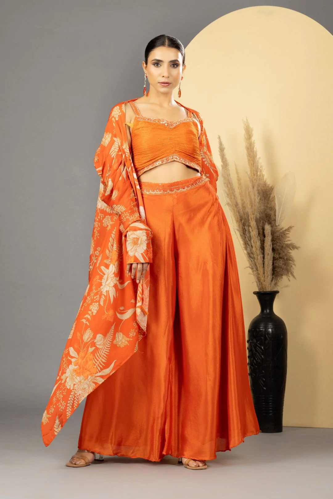 Orange Sharara with Full Sleeves Cape Set - Image 6