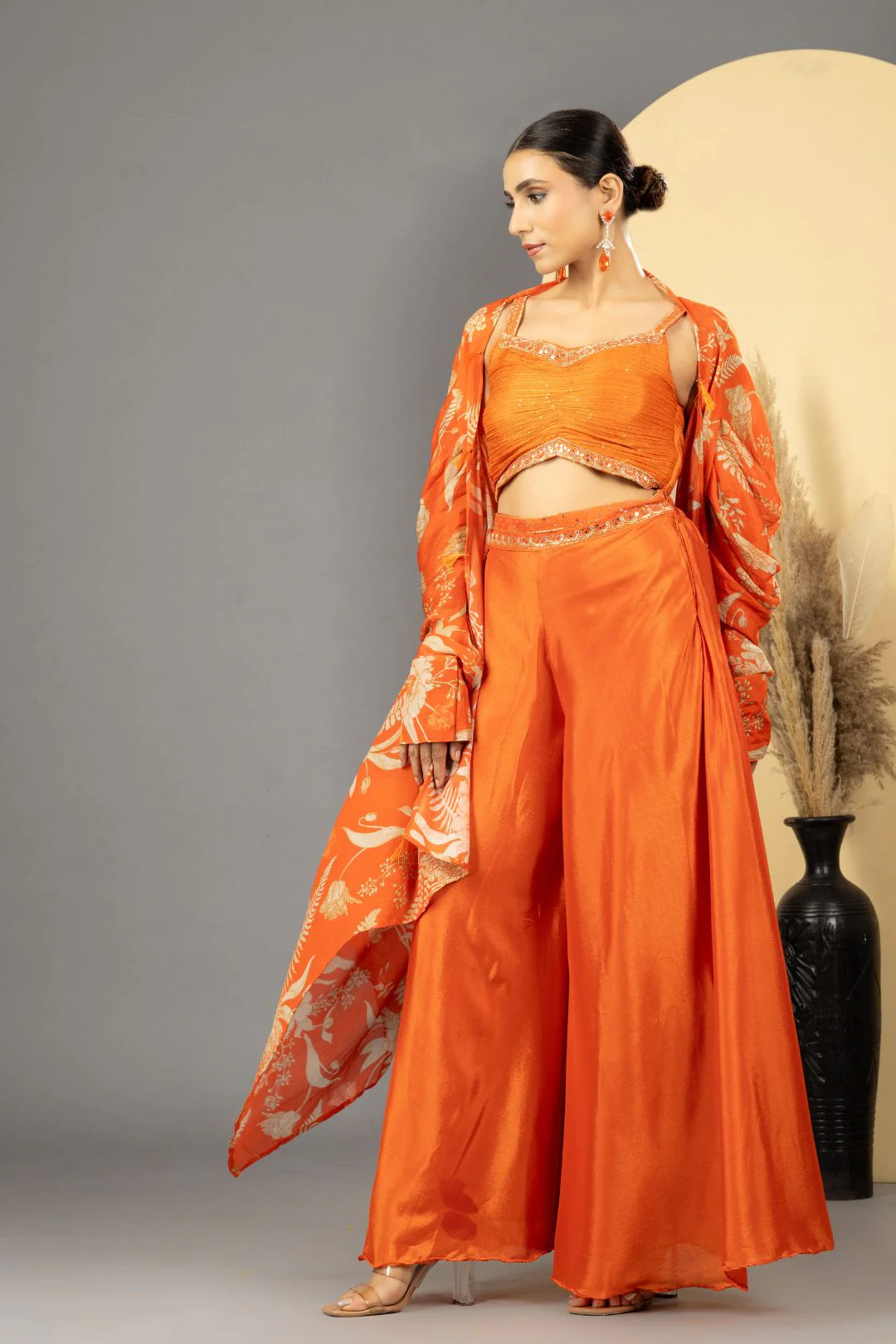 Orange Sharara with Full Sleeves Cape Set - Image 7