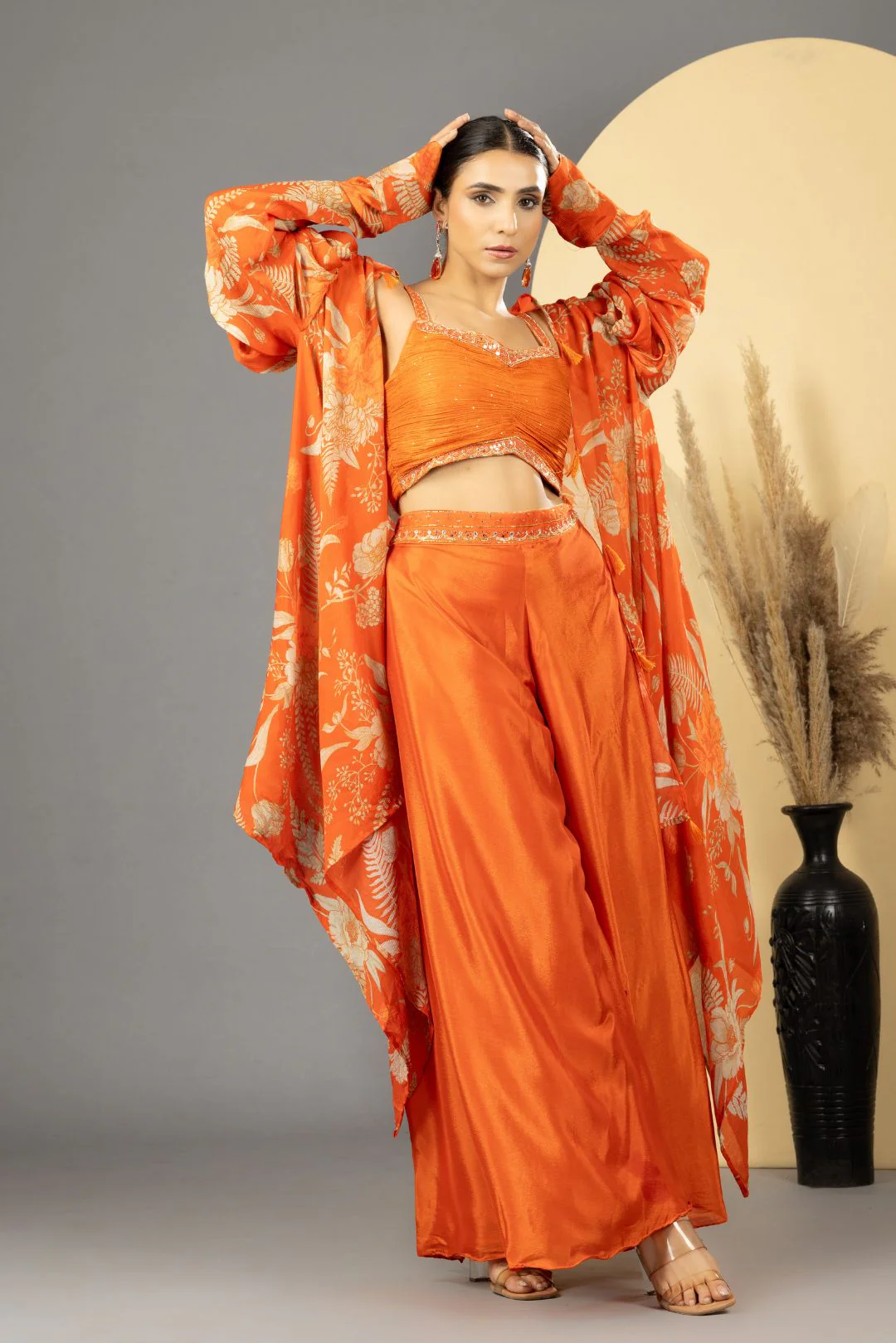 Orange Sharara with Full Sleeves Cape Set - Image 8