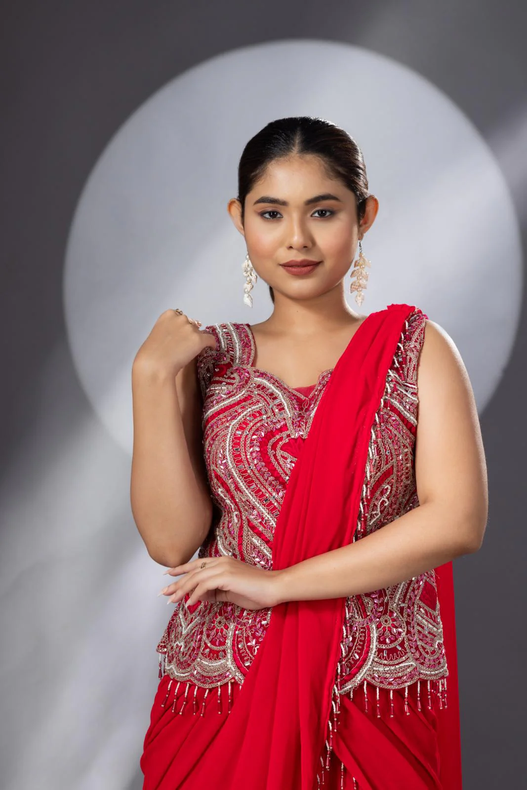 Party Wear Pleated Pink Saree - Image 3