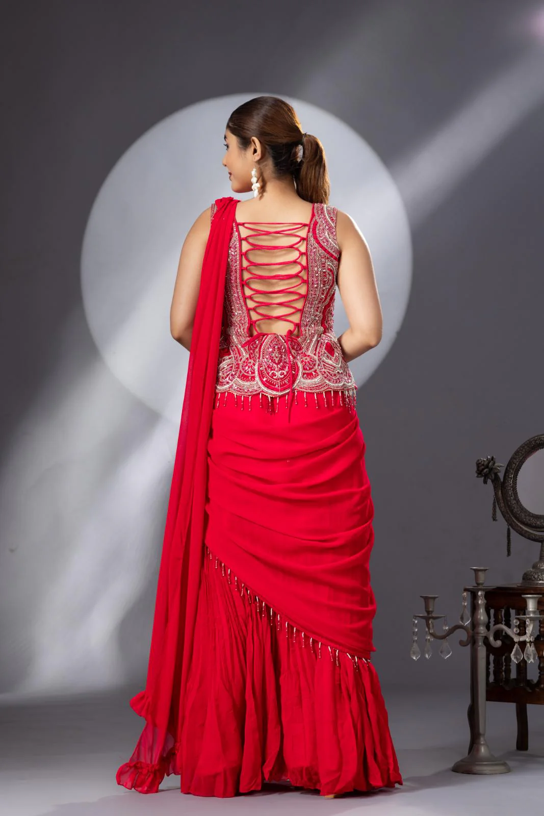 Party Wear Pleated Pink Saree - Image 4