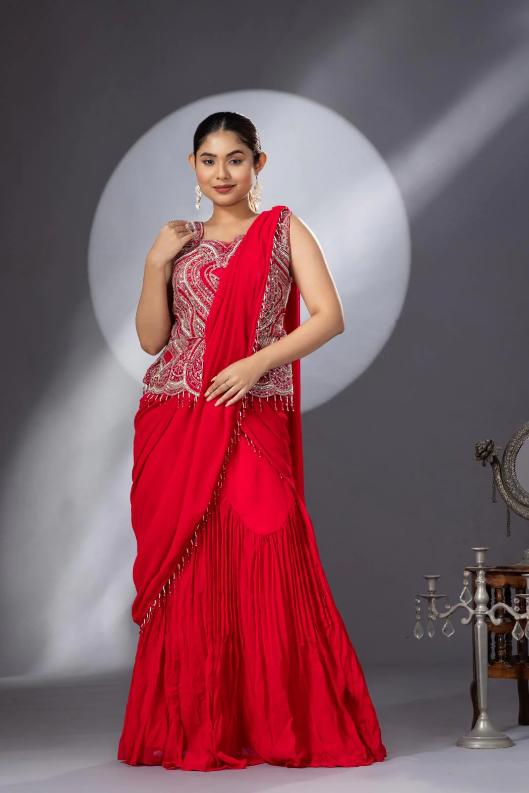 Party Wear Pleated Pink Saree - Image 5