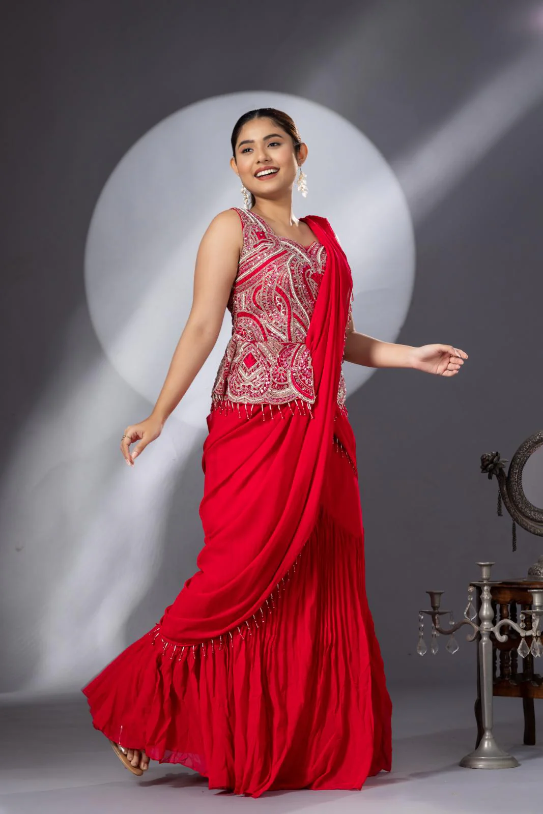 Party Wear Pleated Pink Saree - Image 6