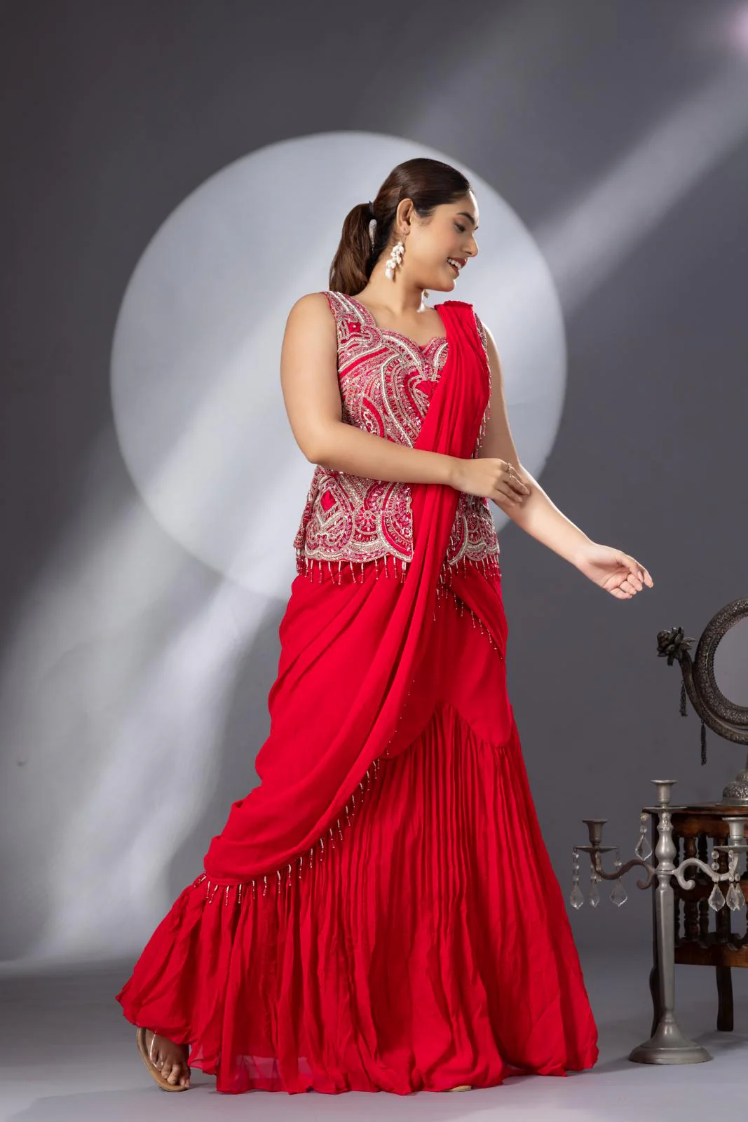 Party Wear Pleated Pink Saree - Image 7