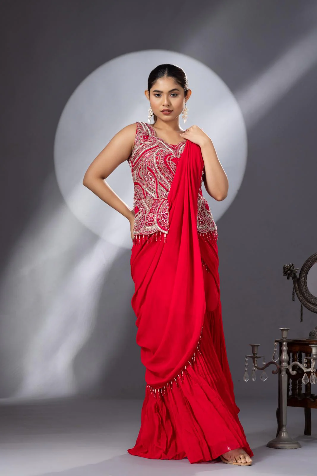 Party Wear Pleated Pink Saree - Image 8