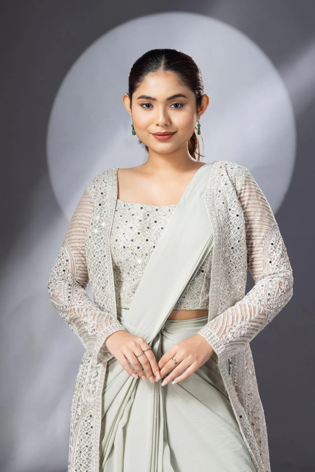 Pastel Green Draped Saree with Heavy Embroidered Shrug & Blouse - Image 3