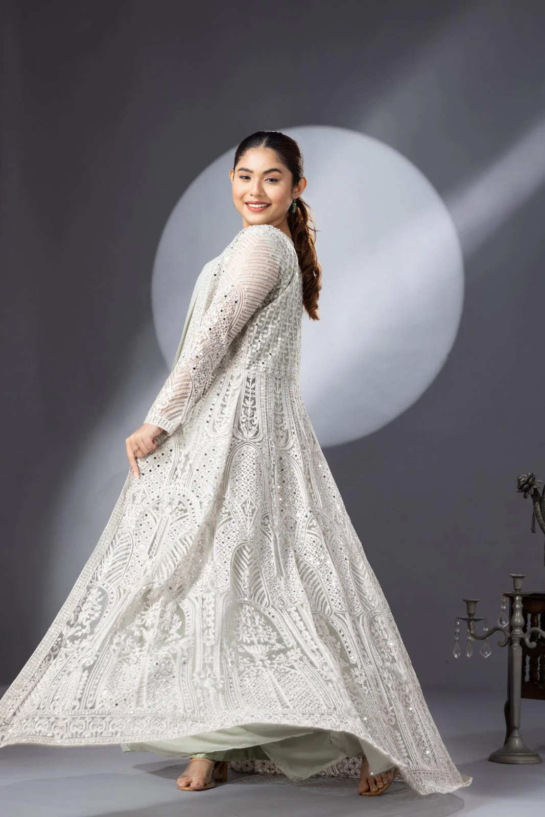 Pastel Green Draped Saree with Heavy Embroidered Shrug & Blouse - Image 4