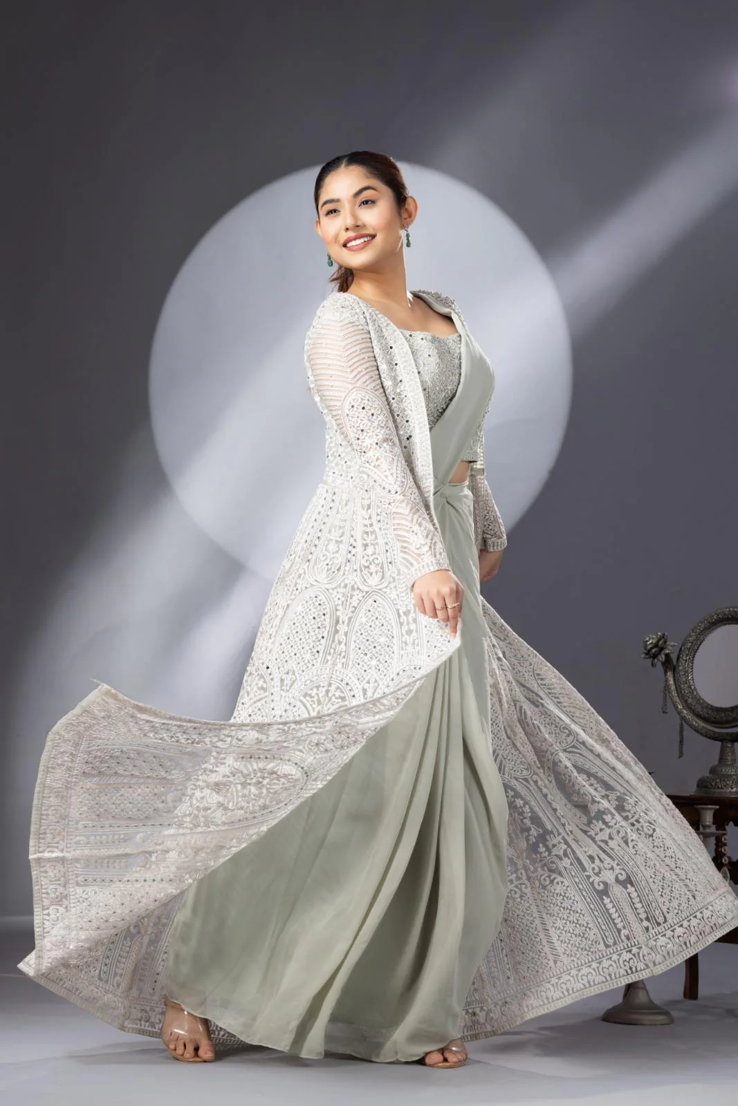 Pastel Green Draped Saree with Heavy Embroidered Shrug & Blouse - Image 5