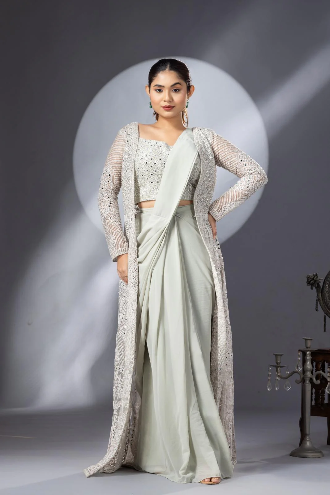 Pastel Green Draped Saree with Heavy Embroidered Shrug & Blouse - Image 7