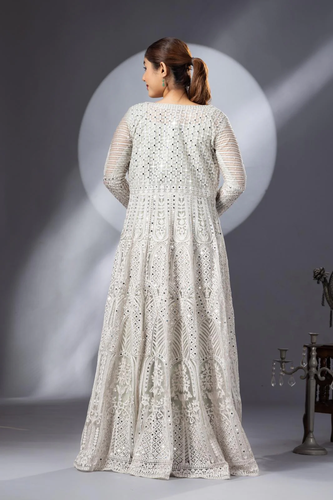 Pastel Green Draped Saree with Heavy Embroidered Shrug & Blouse - Image 8