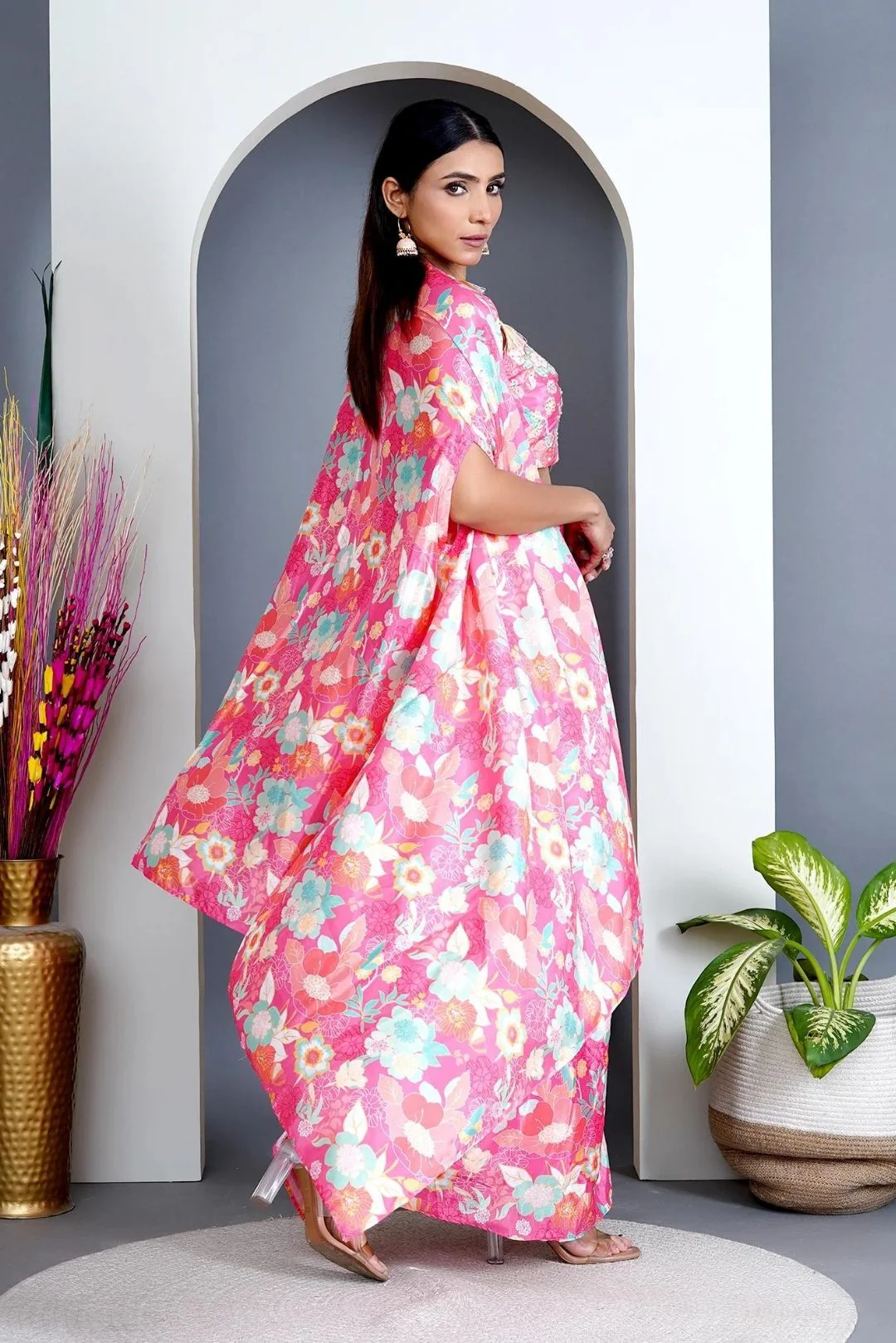 Peach Modal Satin Cape & Dhoti Skirt Set - Image 3