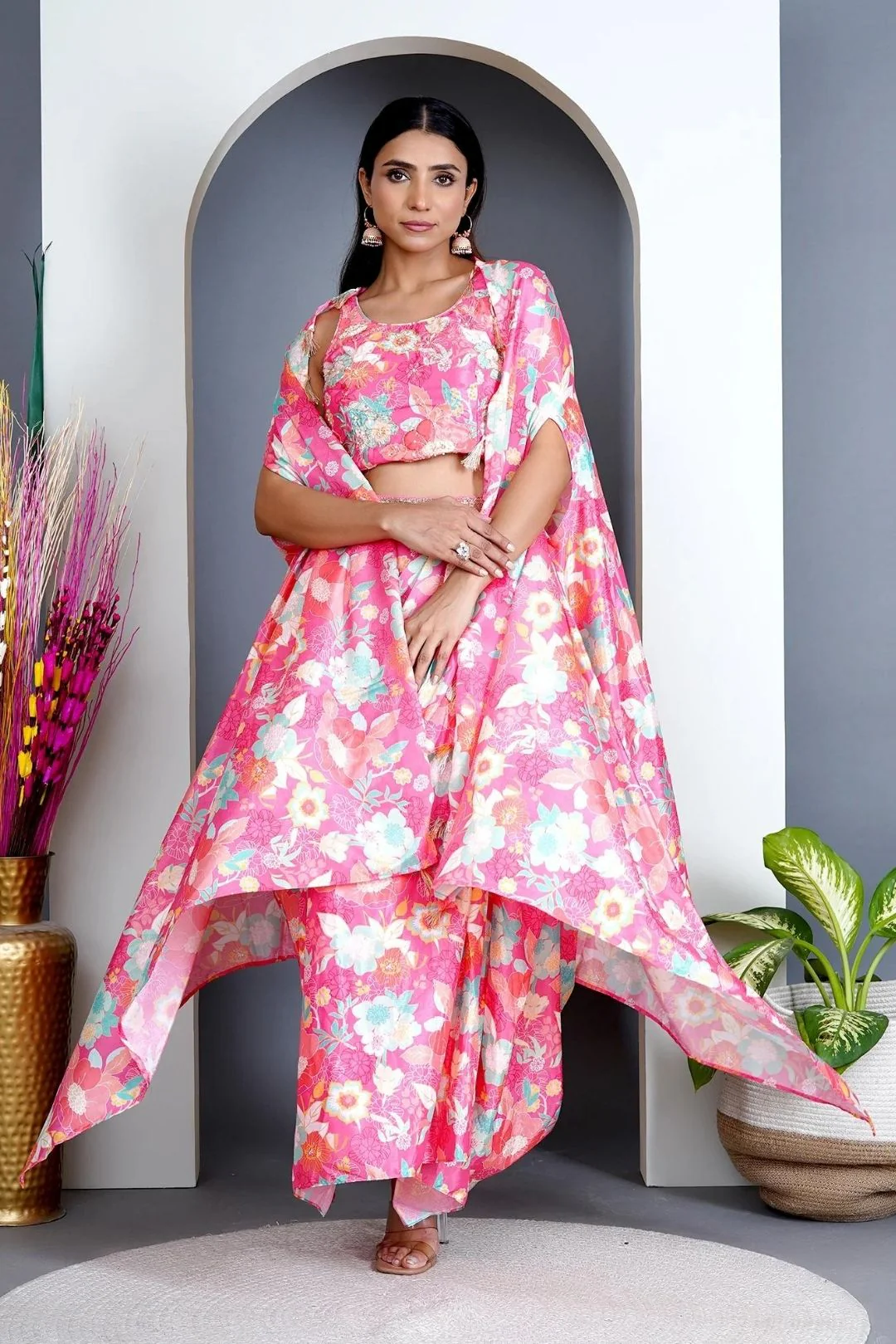 Peach Modal Satin Cape & Dhoti Skirt Set - Image 4