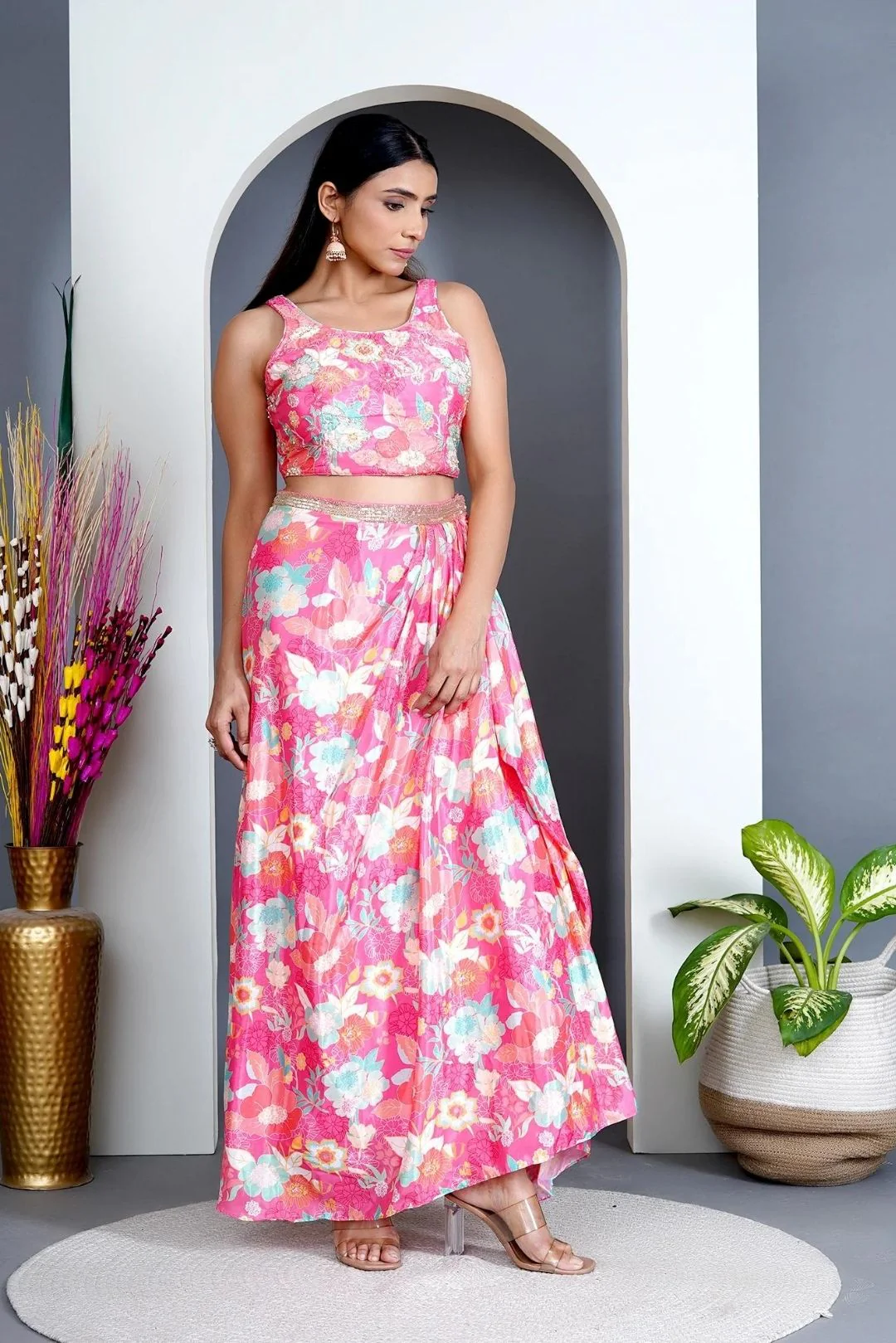 Peach Modal Satin Cape & Dhoti Skirt Set - Image 5