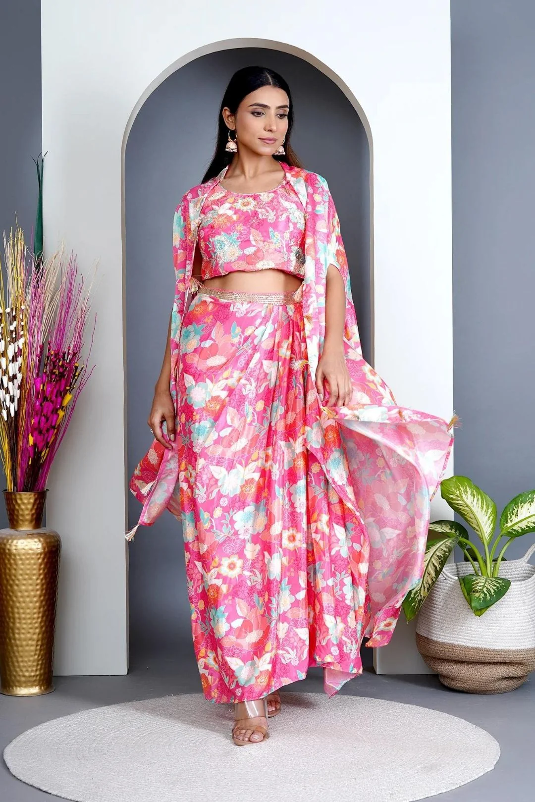 Peach Modal Satin Cape & Dhoti Skirt Set - Image 6