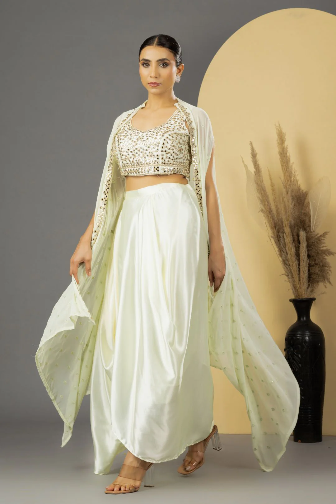 Pearl White Mirror Work Dhoti Style Set with Cape - Image 3