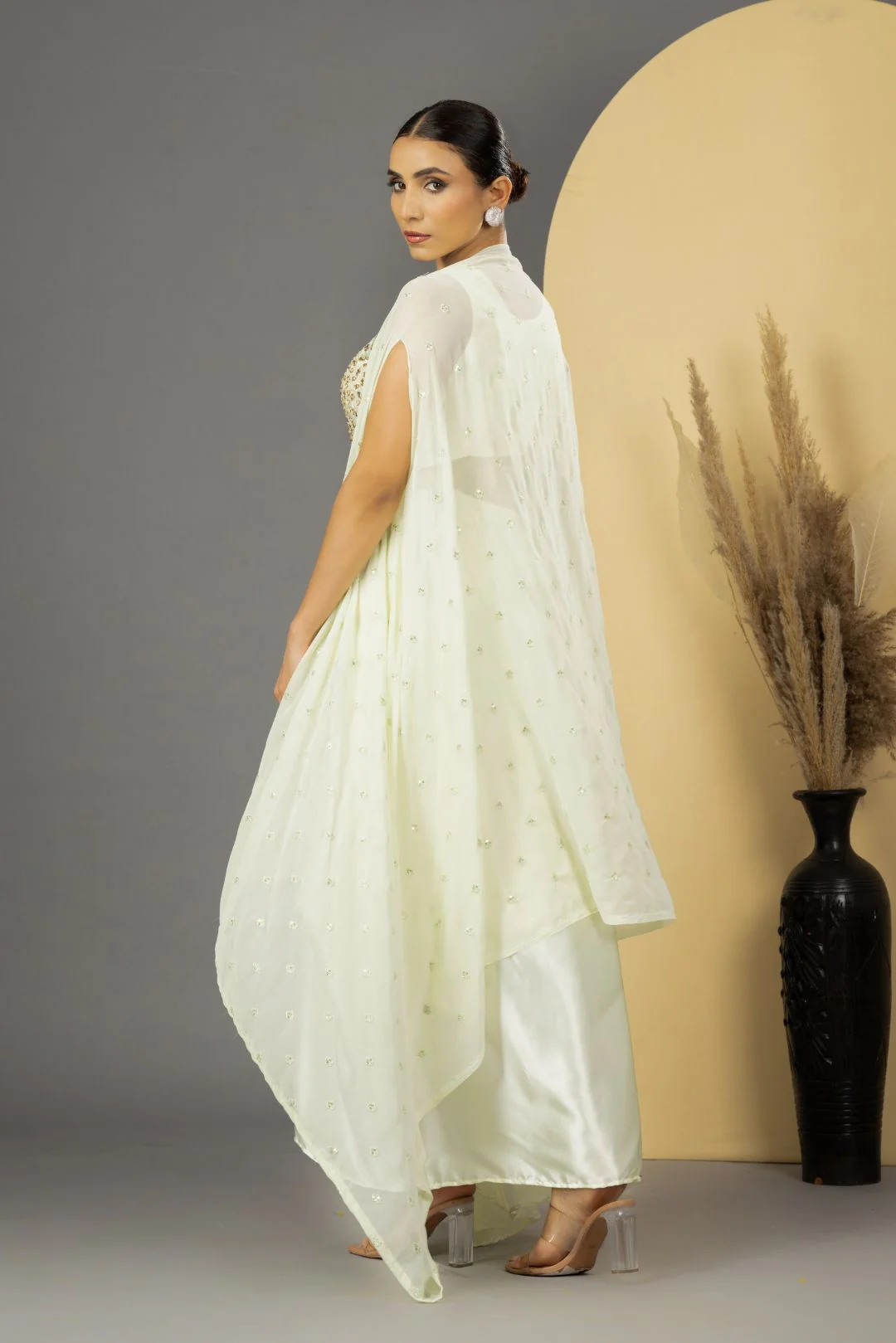 Pearl White Mirror Work Dhoti Style Set with Cape - Image 4