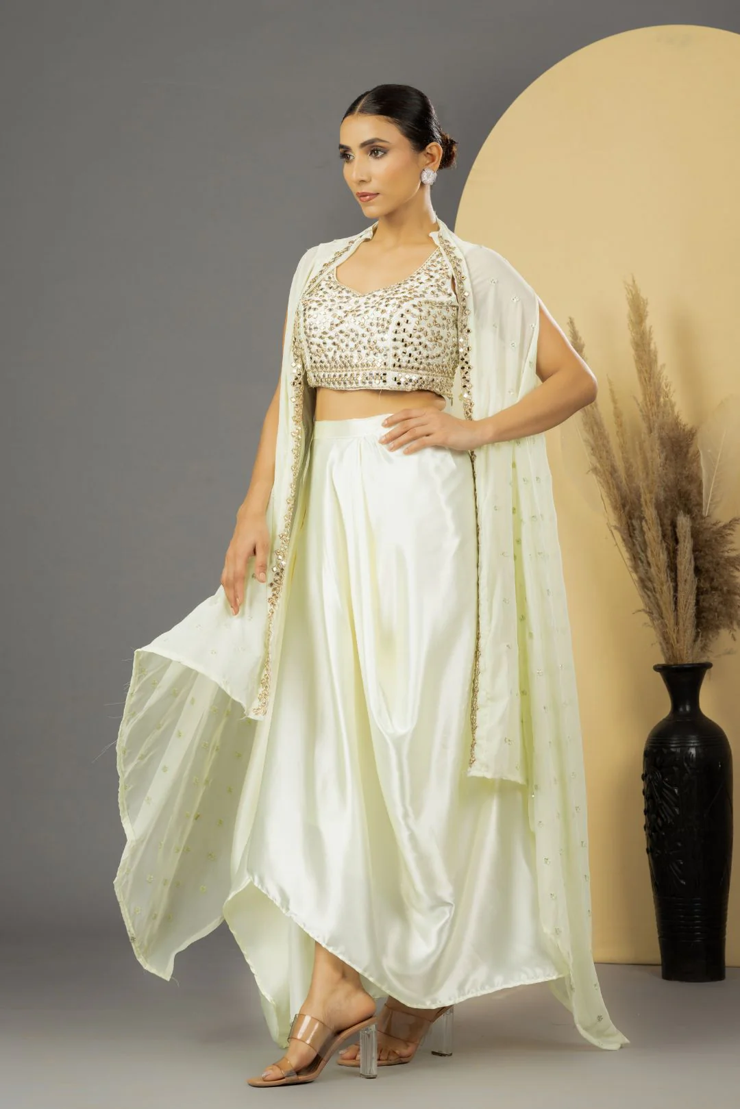 Pearl White Mirror Work Dhoti Style Set with Cape - Image 5