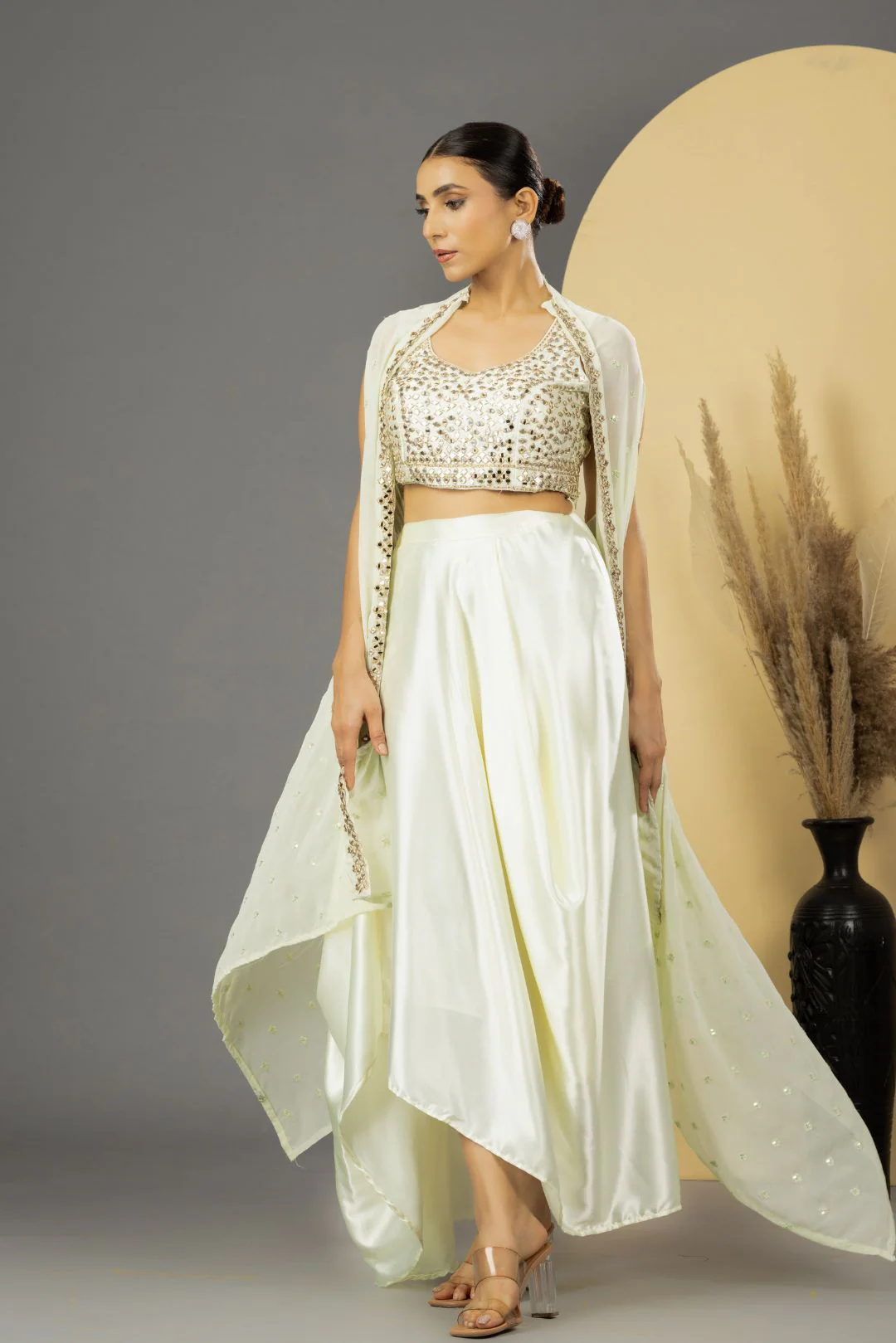 Pearl White Mirror Work Dhoti Style Set with Cape - Image 6