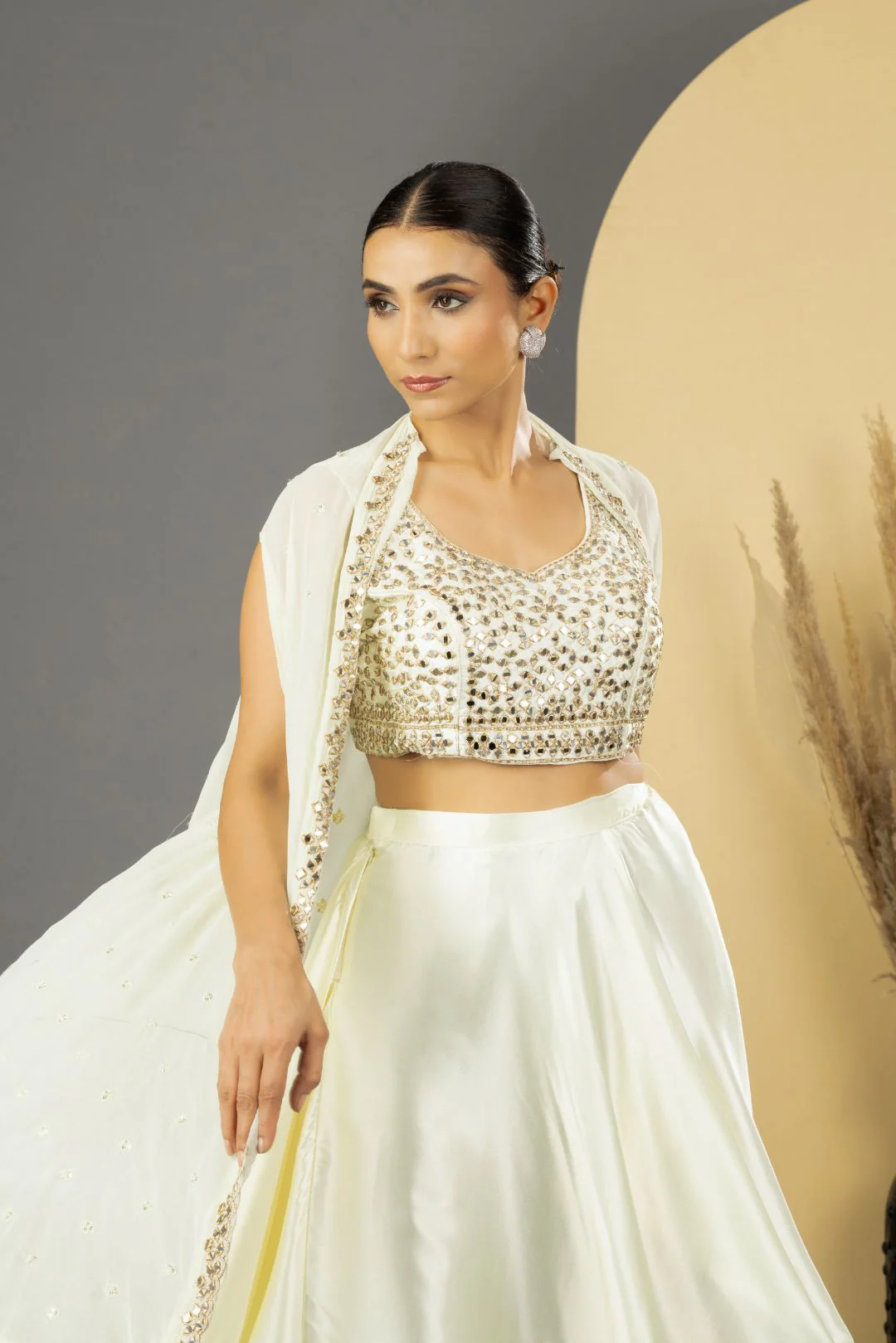 Pearl White Mirror Work Dhoti Style Set with Cape - Image 7