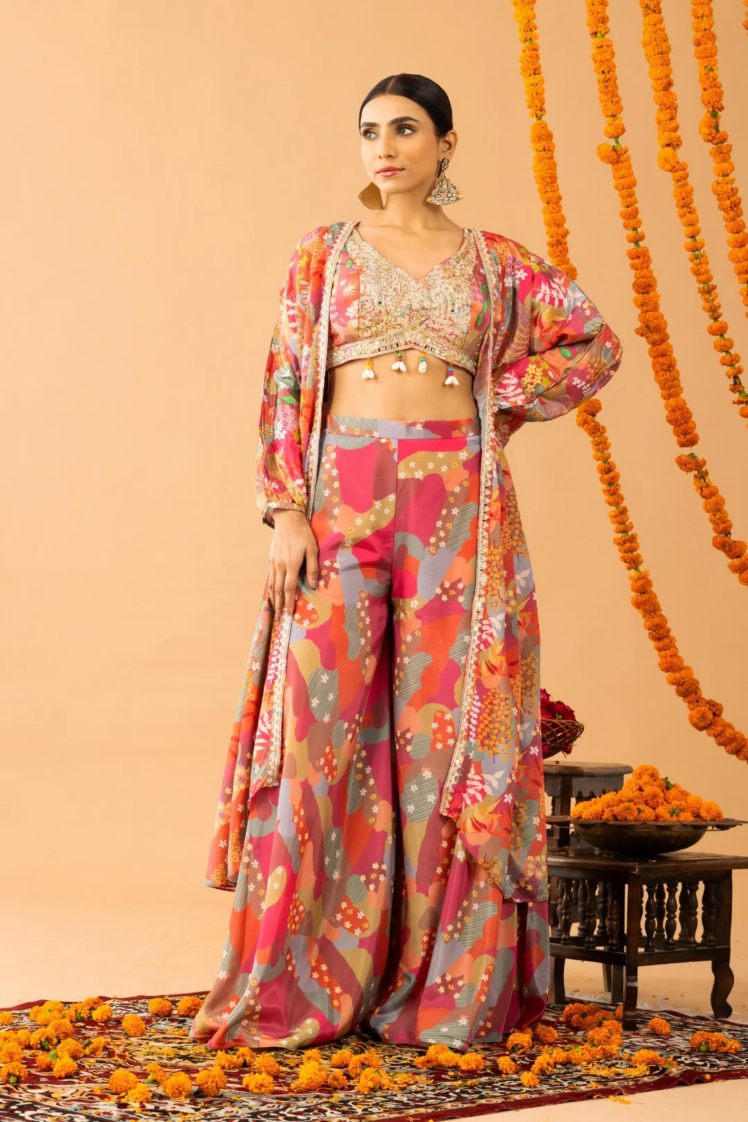 Pink Printed Sharara Set with shrug - Image 5