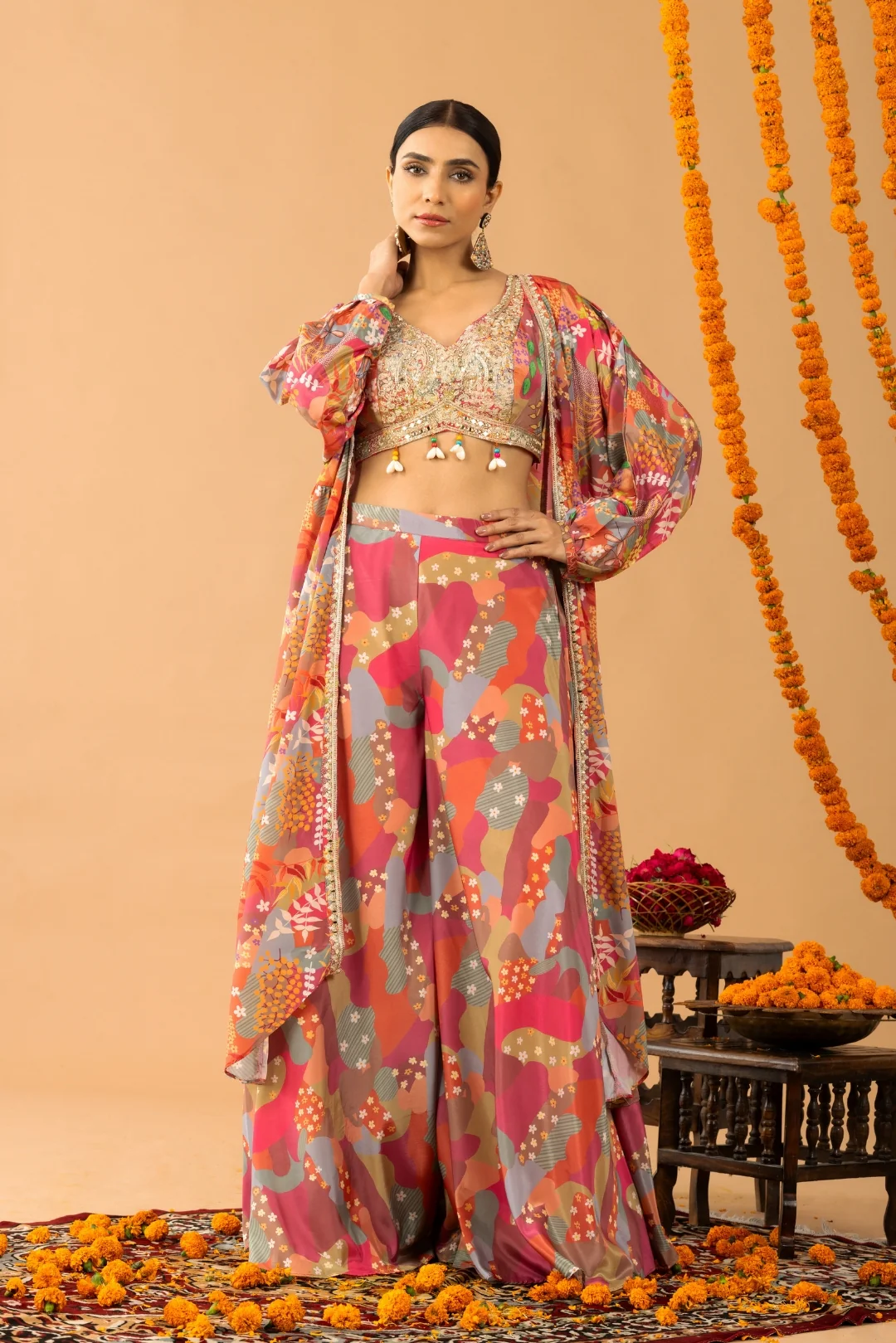 Pink Printed Sharara Set with shrug - Image 6