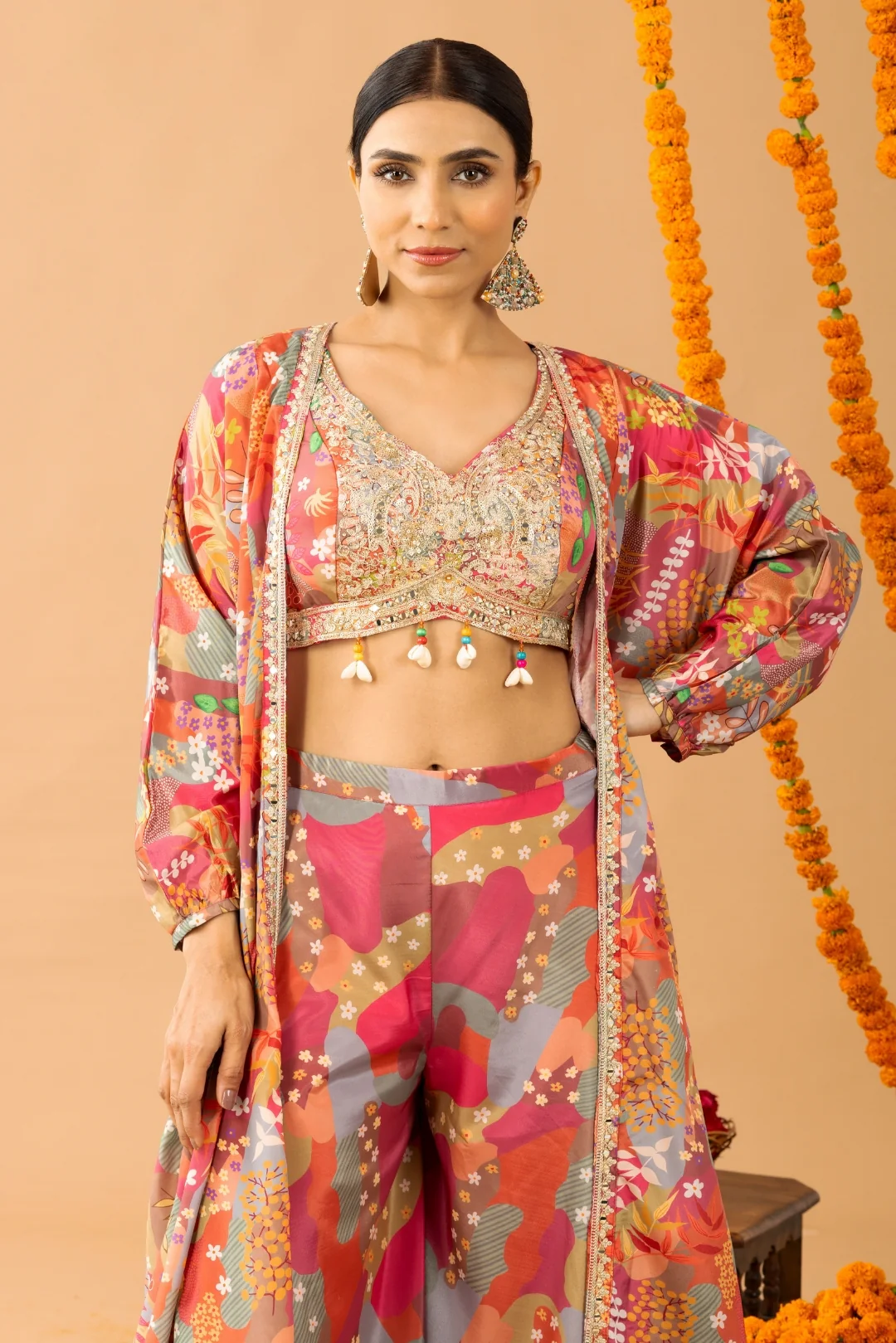 Pink Printed Sharara Set with shrug - Image 7