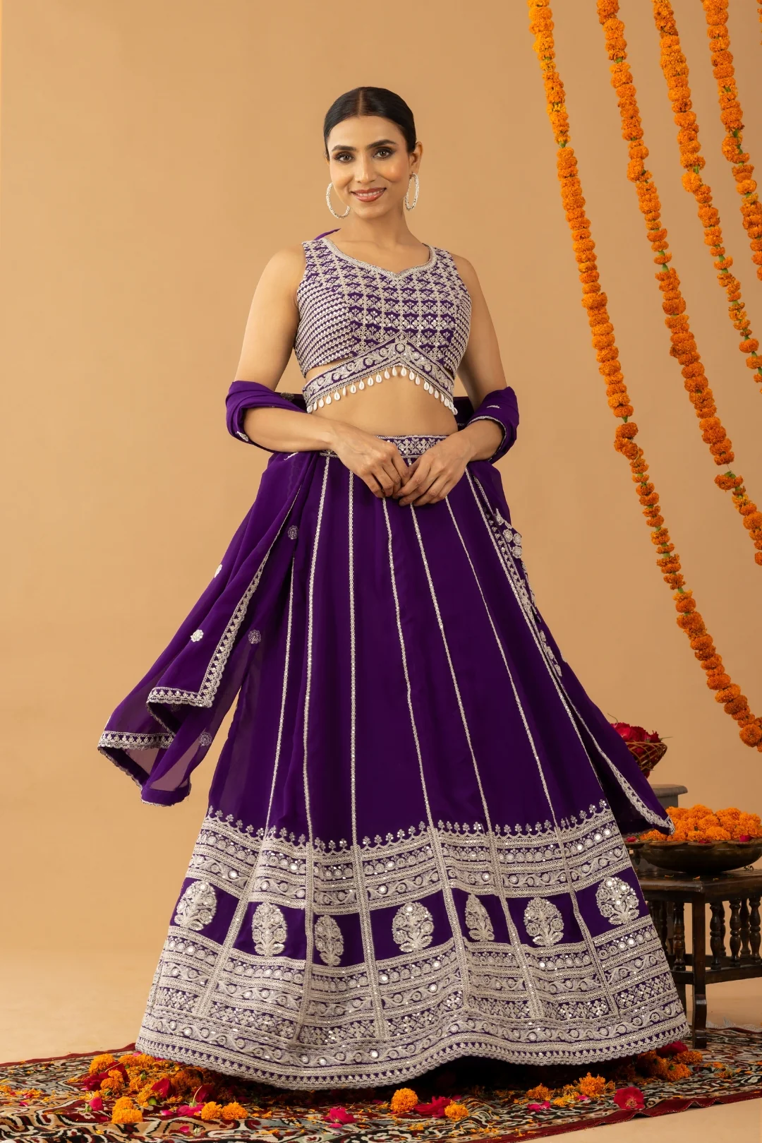 Purple Zari Sequin Embellished Lehenga Set - Image 5