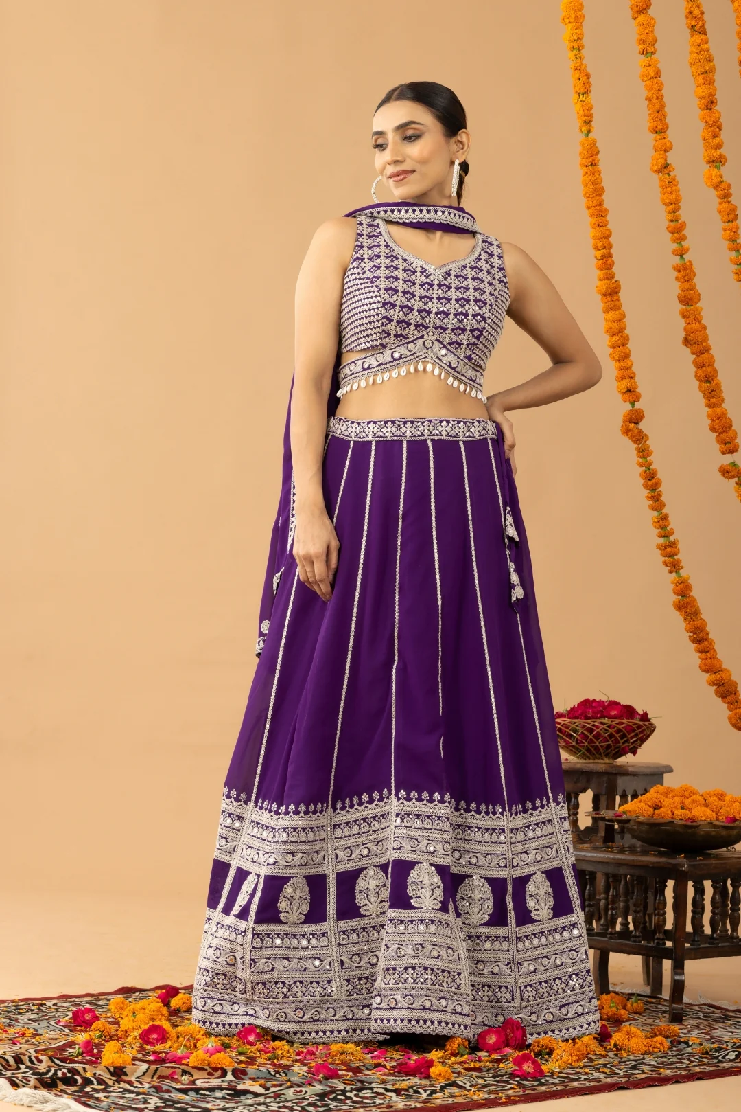 Purple Zari Sequin Embellished Lehenga Set - Image 6