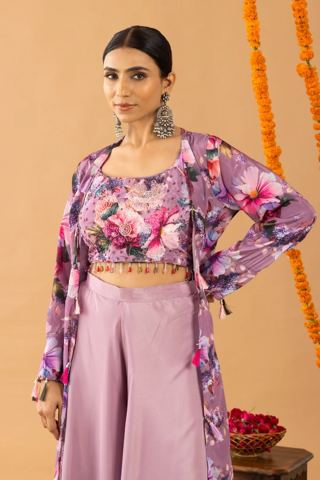 Lilac Palazzo Set with Printed Cape and Blouse - Image 3