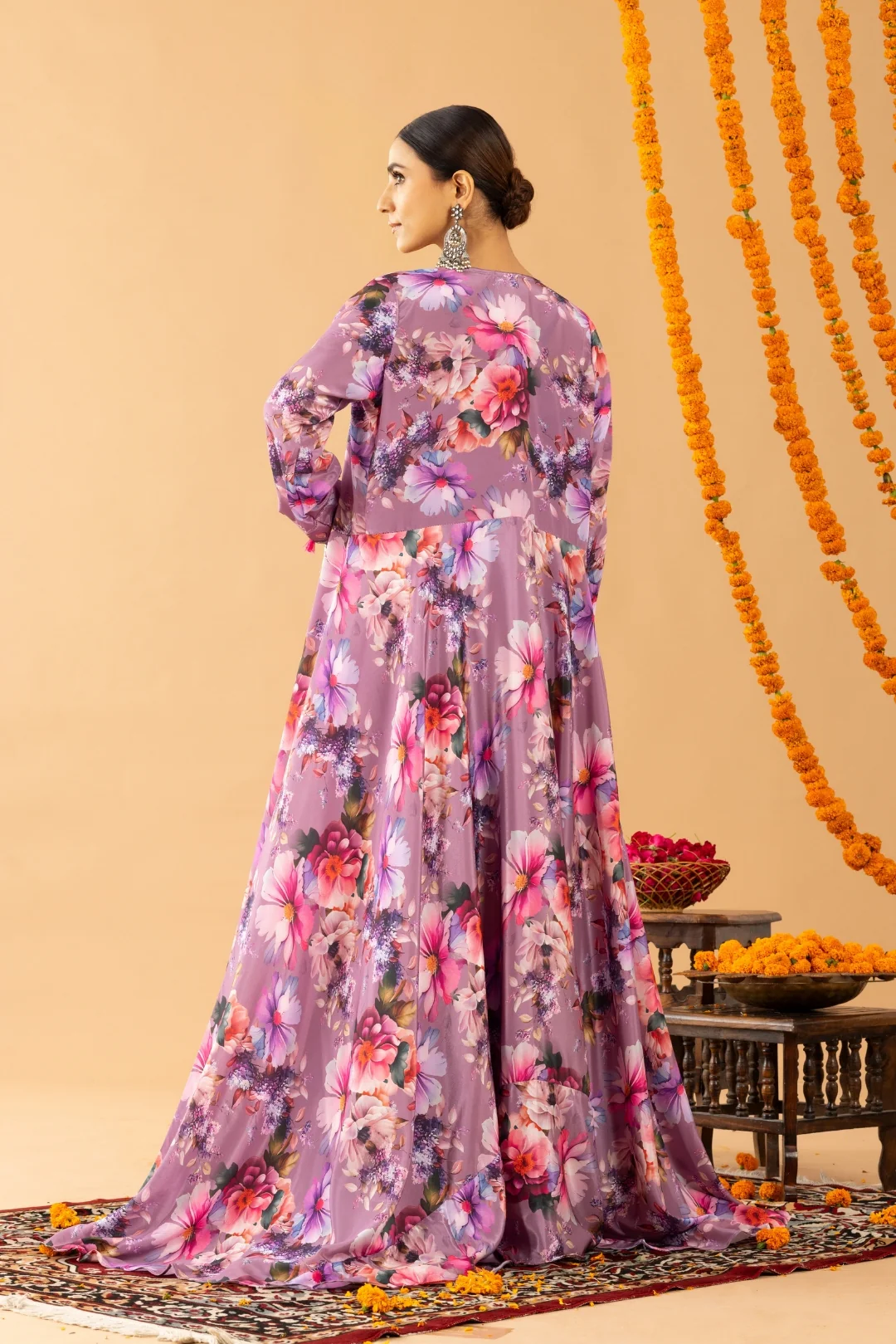 Lilac Palazzo Set with Printed Cape and Blouse - Image 4