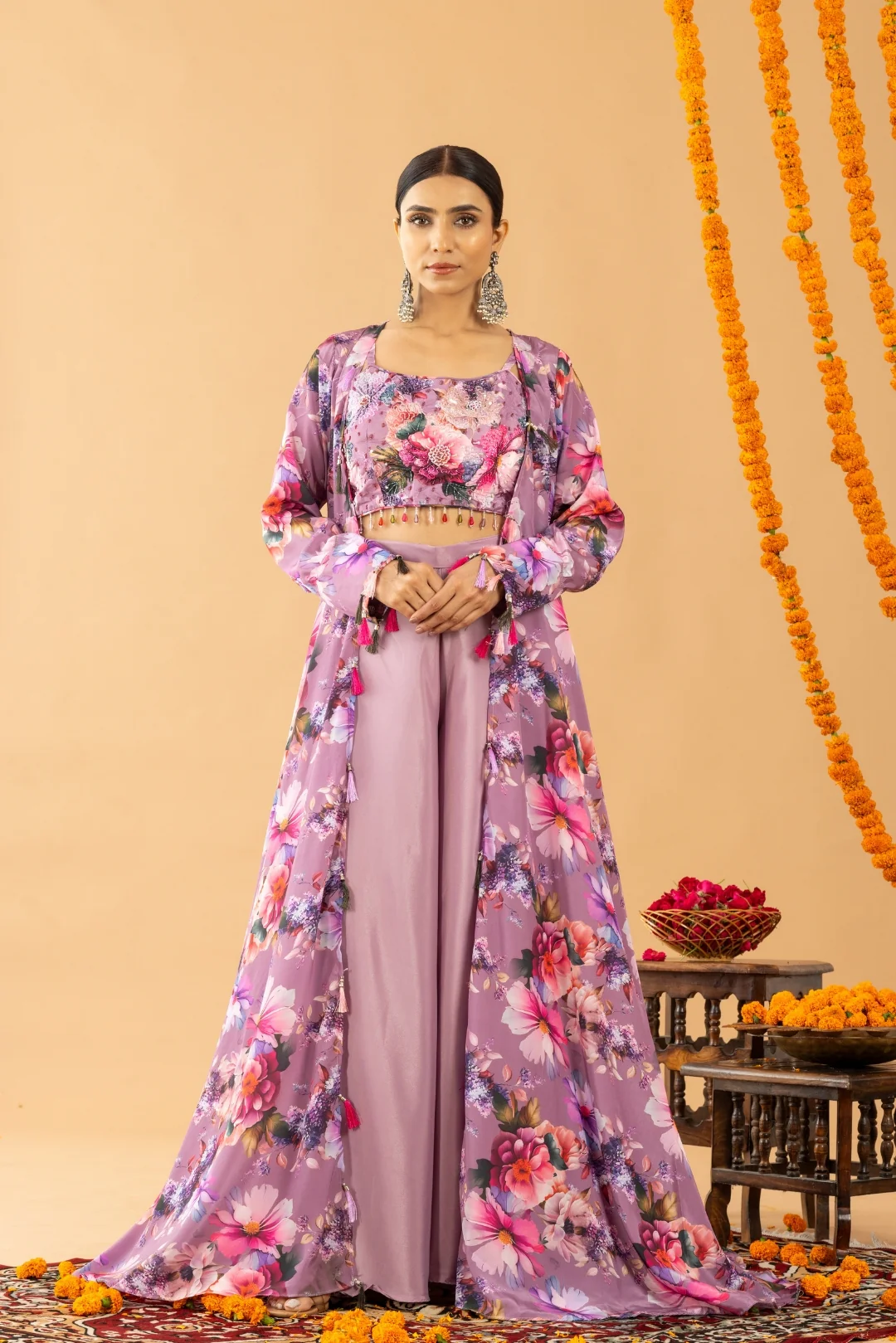 Lilac Palazzo Set with Printed Cape and Blouse - Image 5