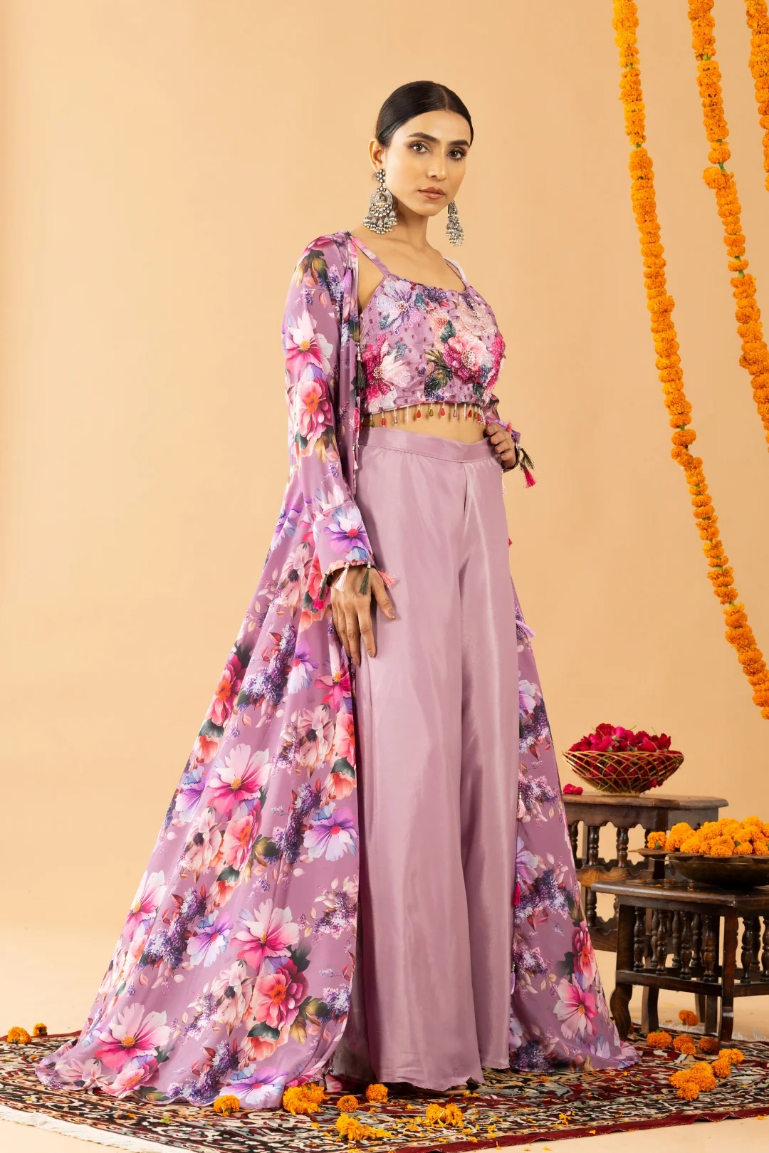 Lilac Palazzo Set with Printed Cape and Blouse - Image 6