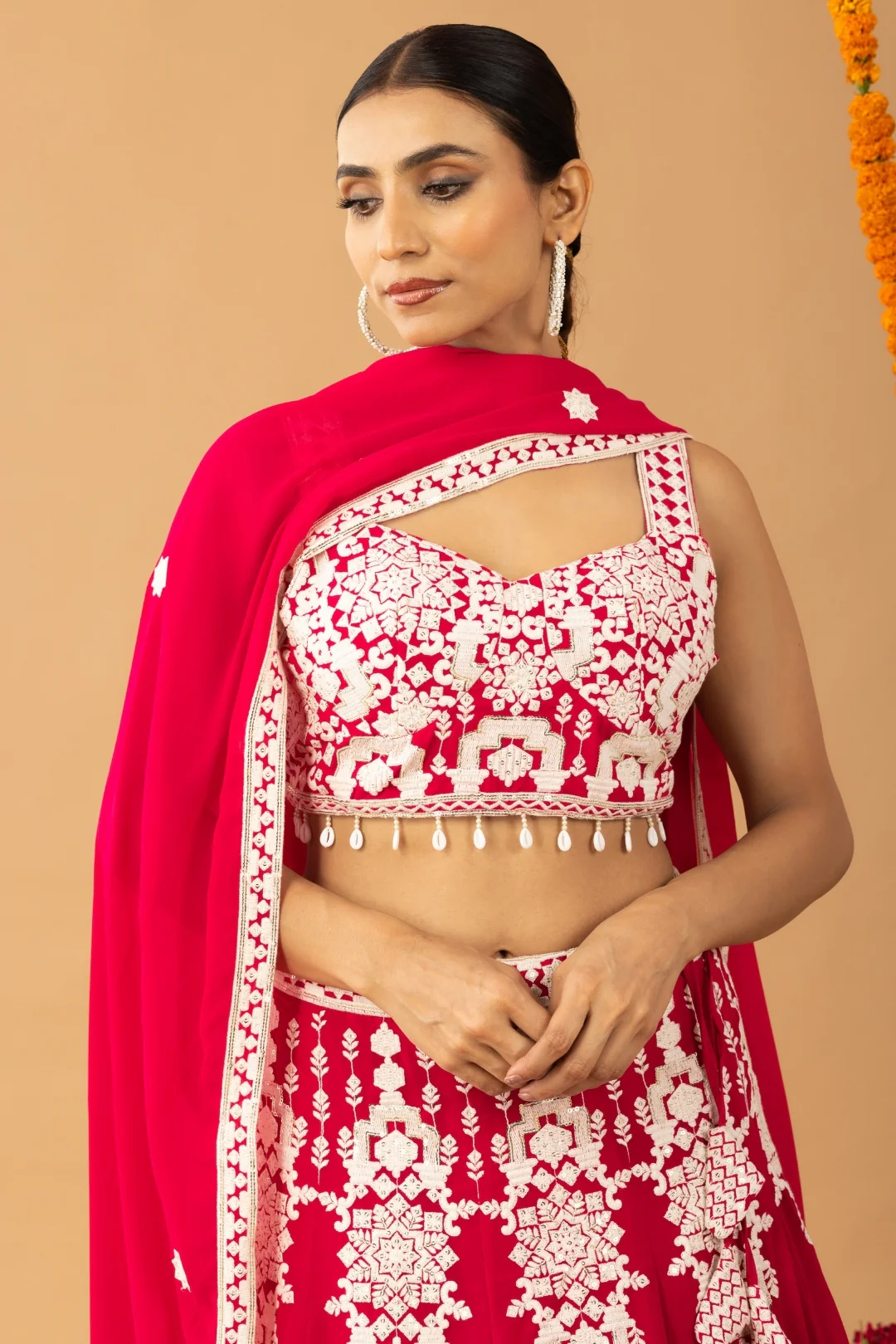 Hot Red Embroidered Lehenga Set - Image 3