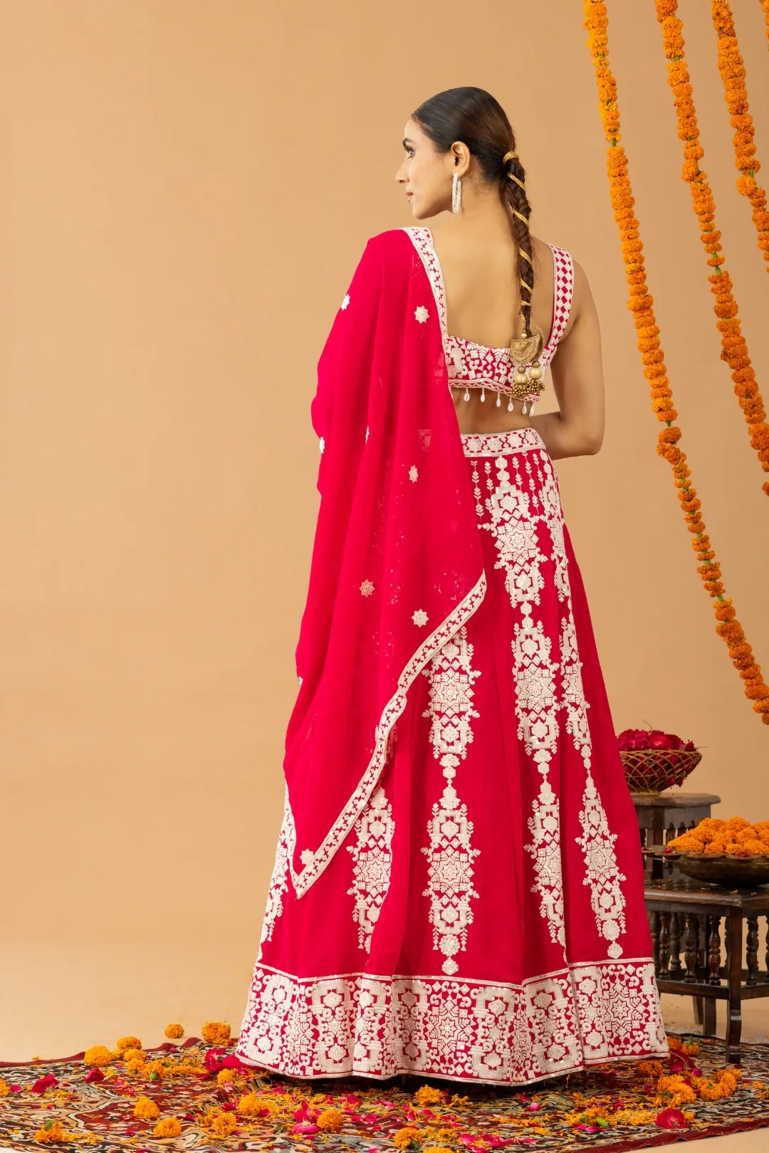 Hot Red Embroidered Lehenga Set - Image 4