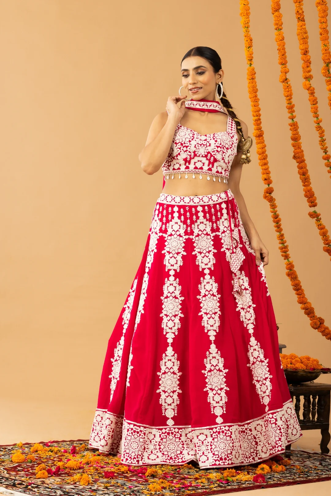 Hot Red Embroidered Lehenga Set - Image 5