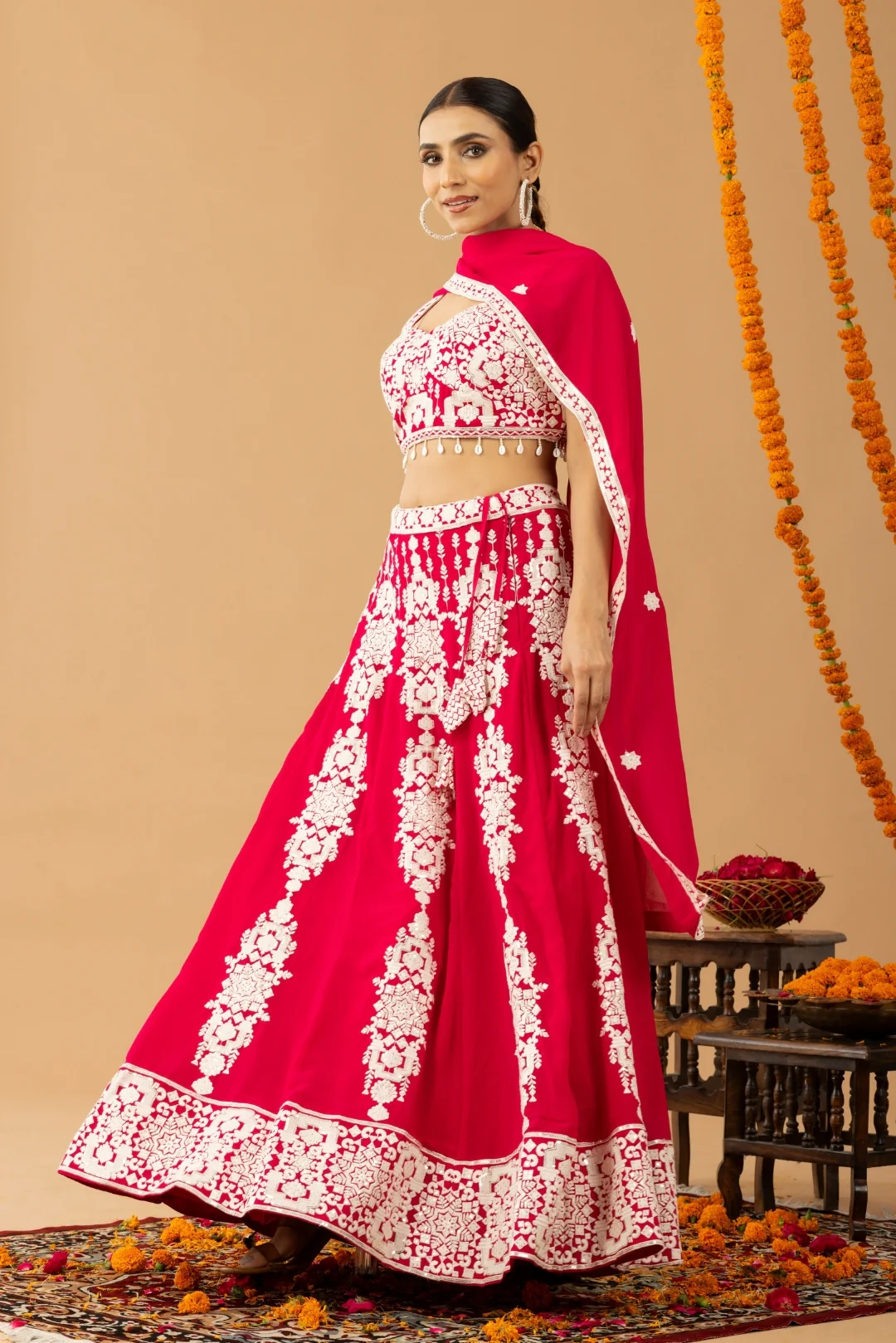 Hot Red Embroidered Lehenga Set - Image 7