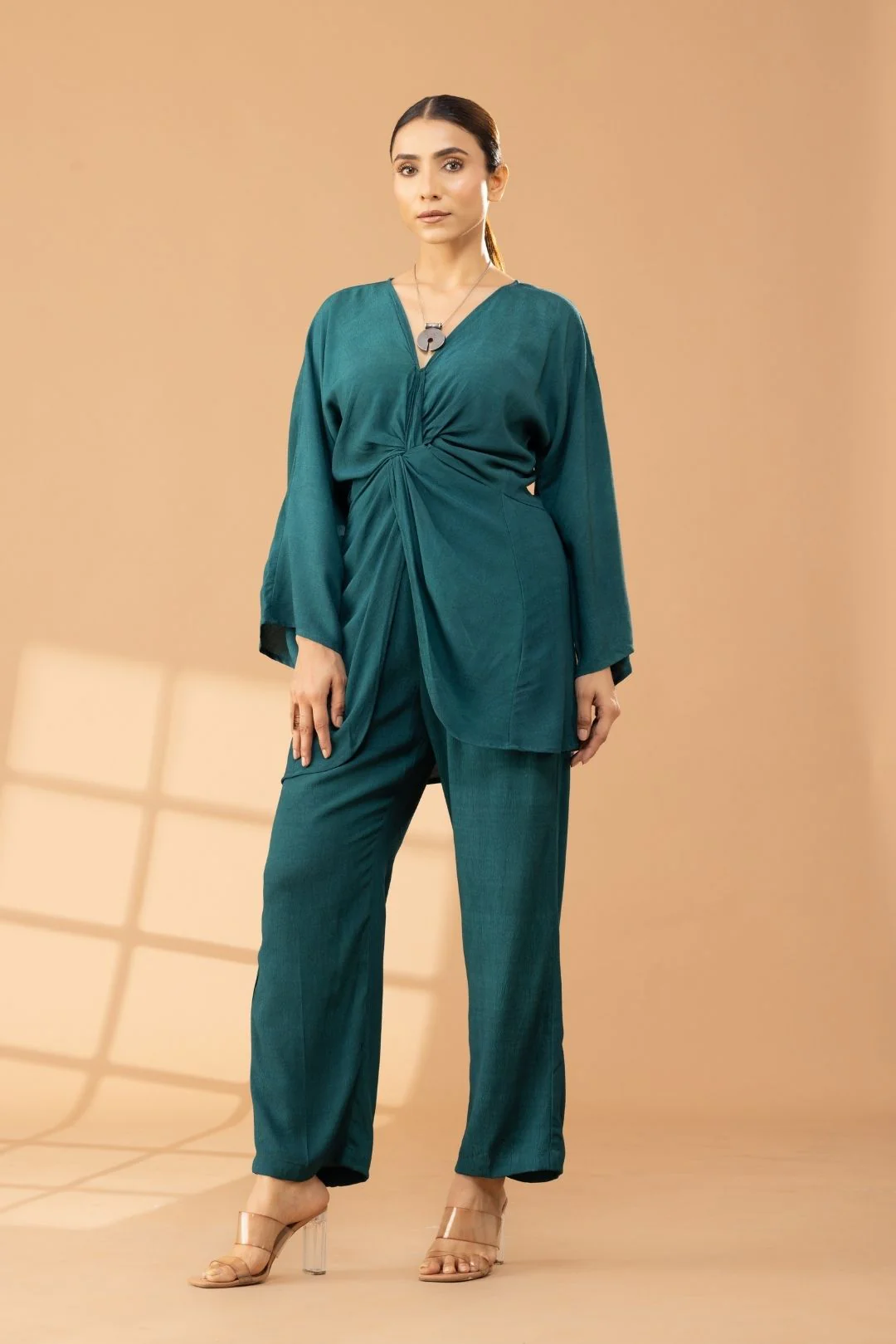 Solid Green Asymmetric Muslin Coord Set - Image 3