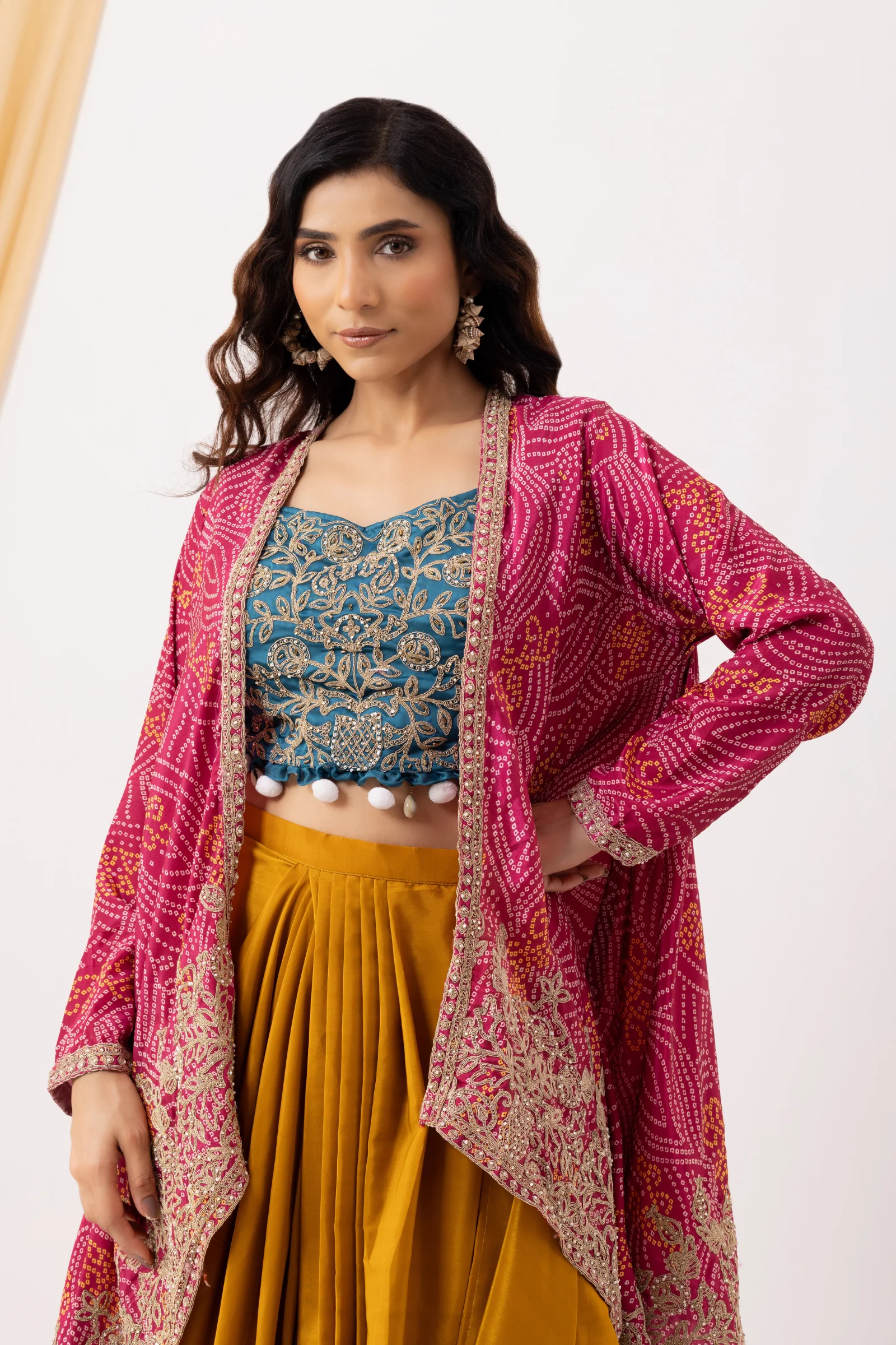 Yellow Draped Fusion Set with Bandhej Cape Set - Image 3