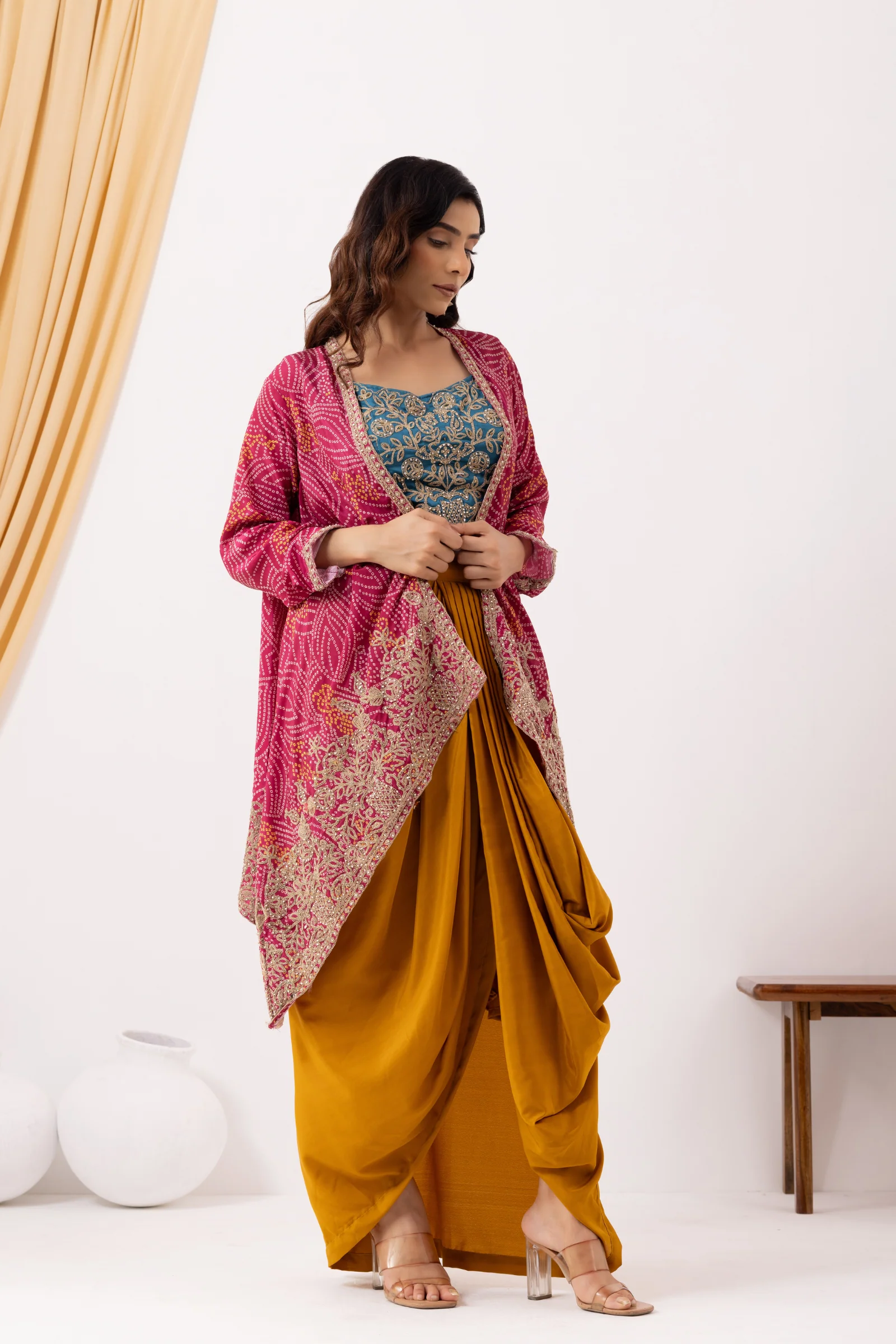 Yellow Draped Fusion Set with Bandhej Cape Set - Image 4