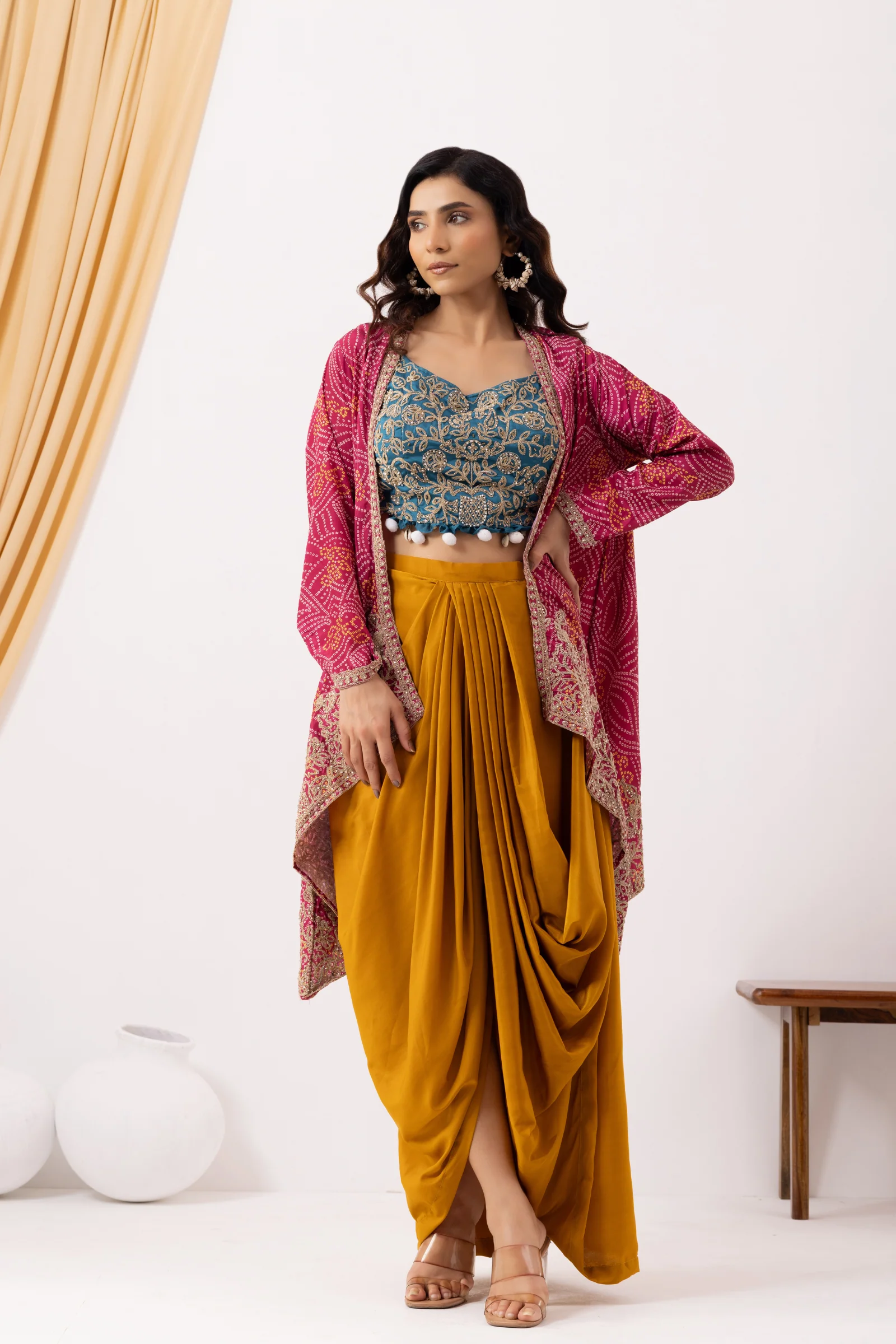 Yellow Draped Fusion Set with Bandhej Cape Set - Image 5