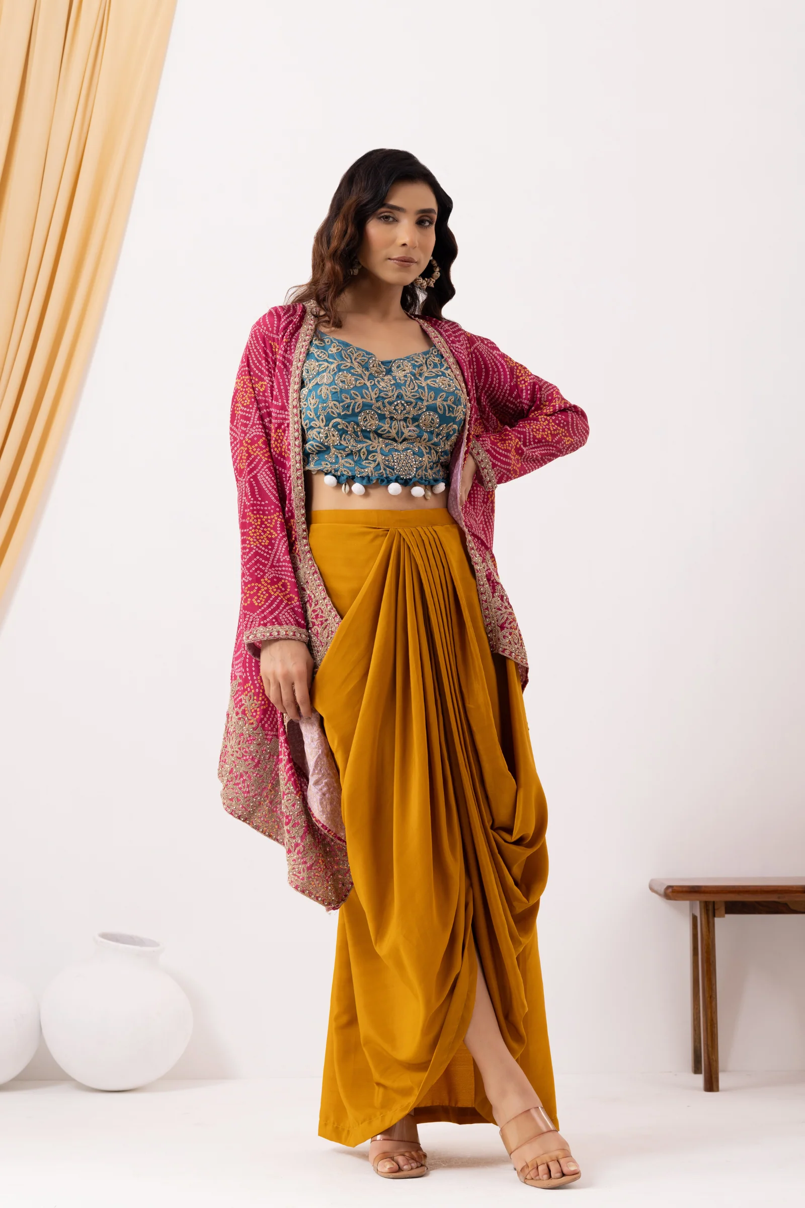 Yellow Draped Fusion Set with Bandhej Cape Set - Image 6