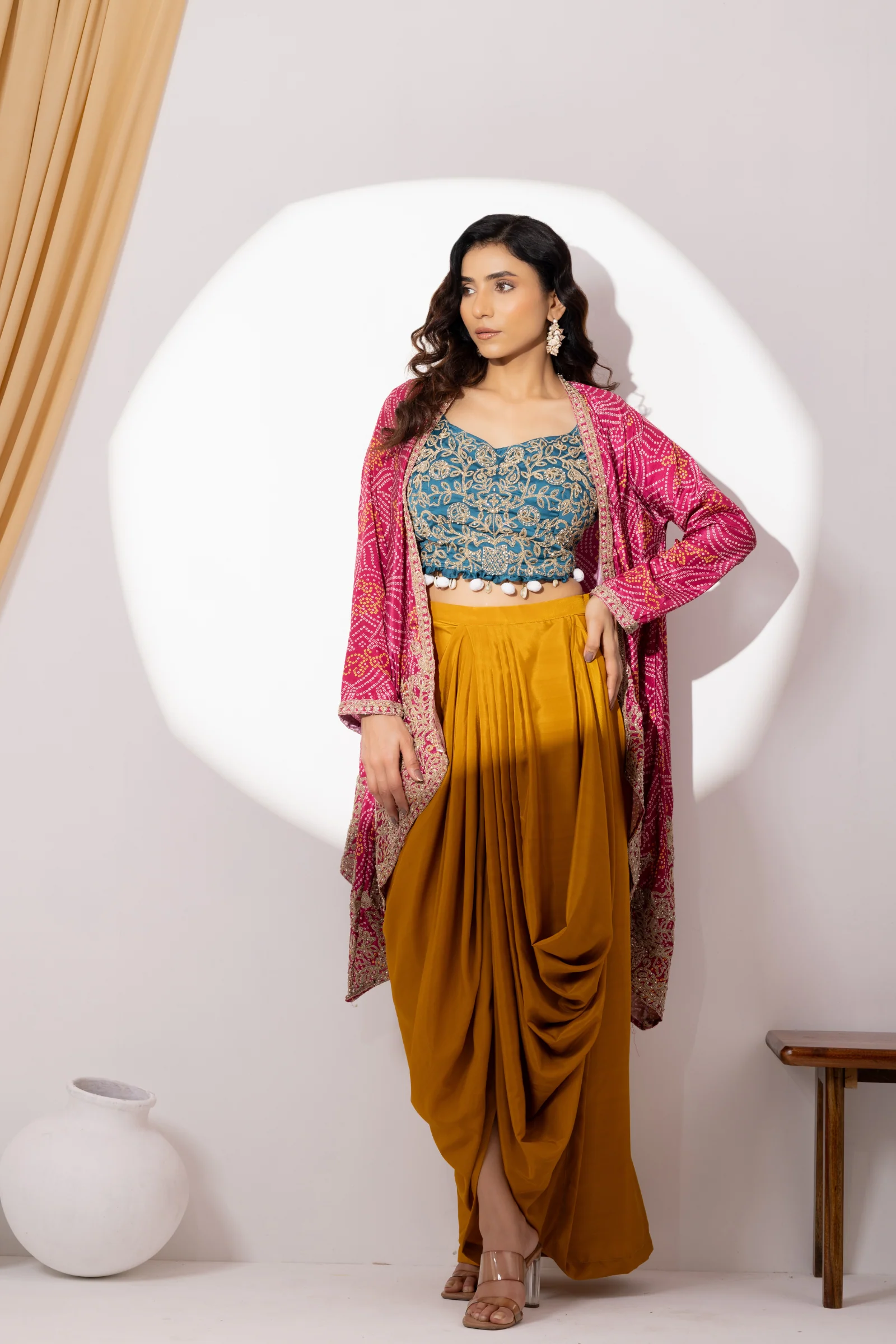 Yellow Draped Fusion Set with Bandhej Cape Set - Image 7