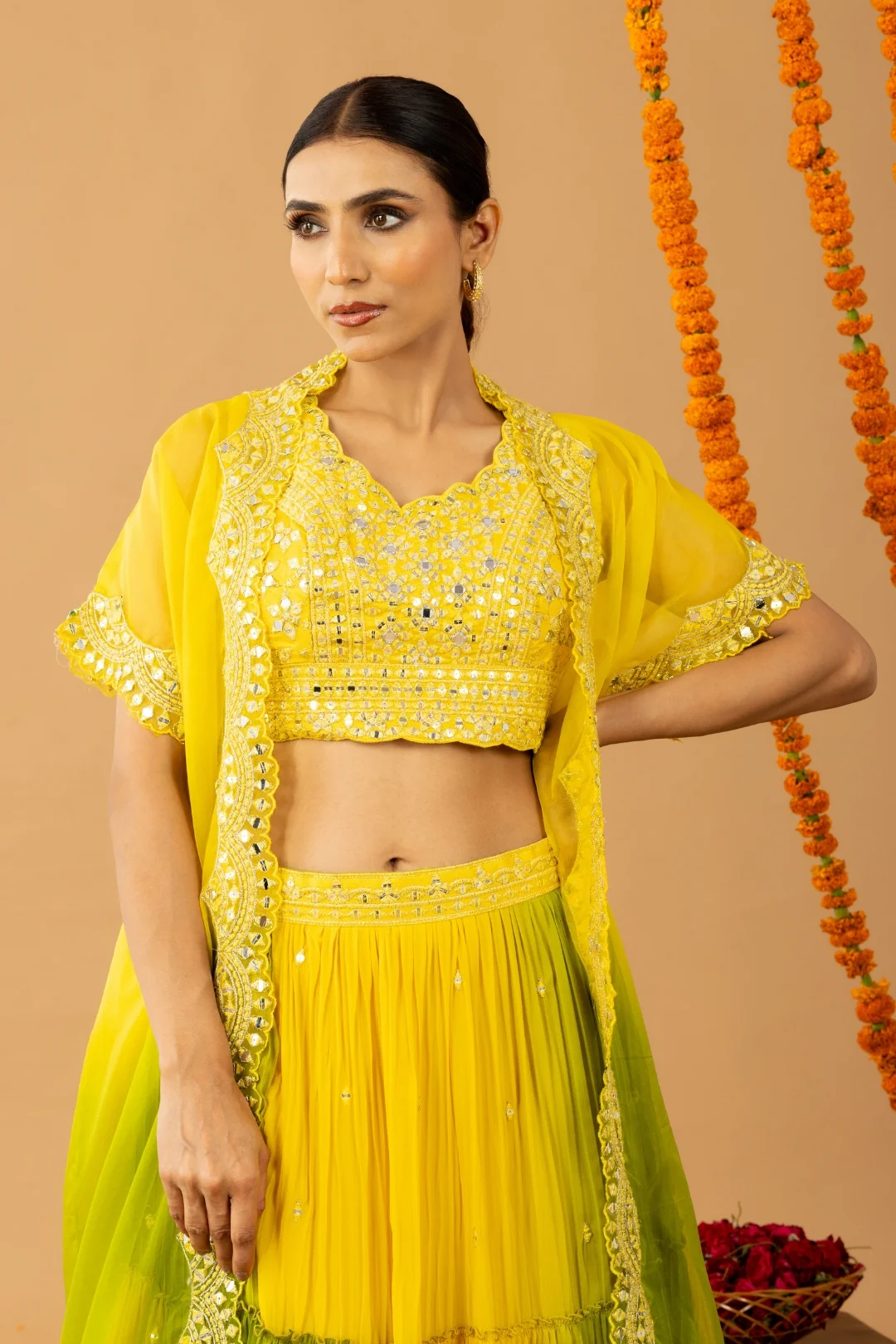 Yellow Green Indo-Western Crop Top Lehenga with Shrug - Image 3