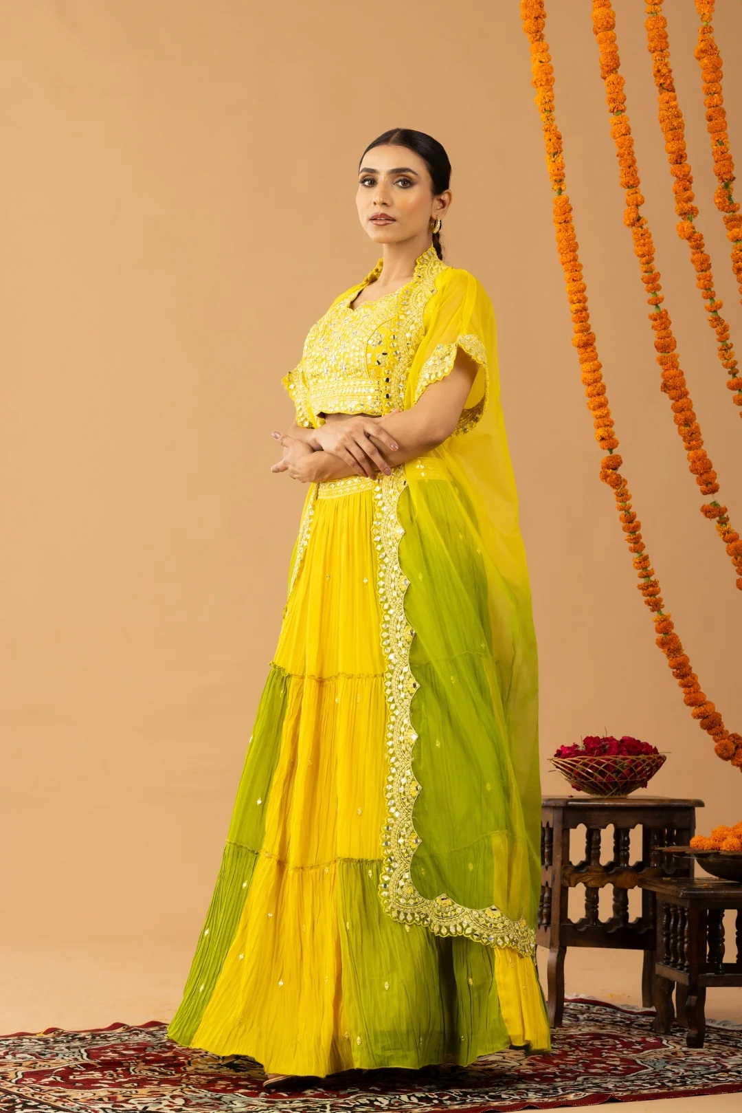 Yellow Green Indo-Western Crop Top Lehenga with Shrug - Image 4