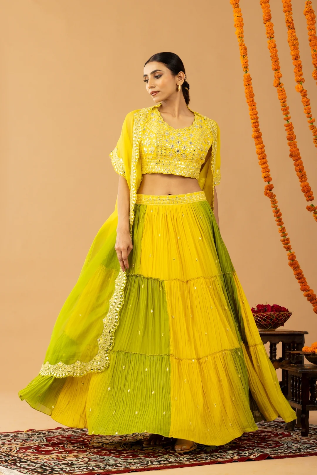 Yellow Green Indo-Western Crop Top Lehenga with Shrug - Image 6