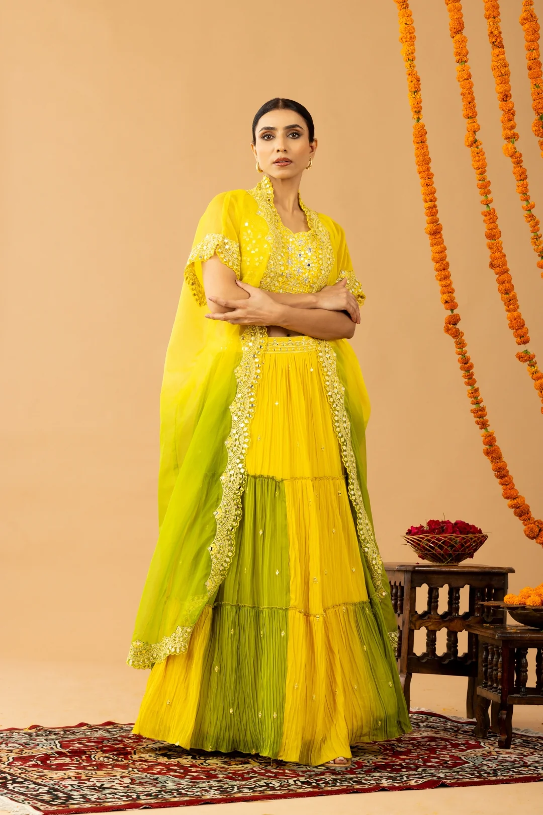 Yellow Green Indo-Western Crop Top Lehenga with Shrug - Image 7