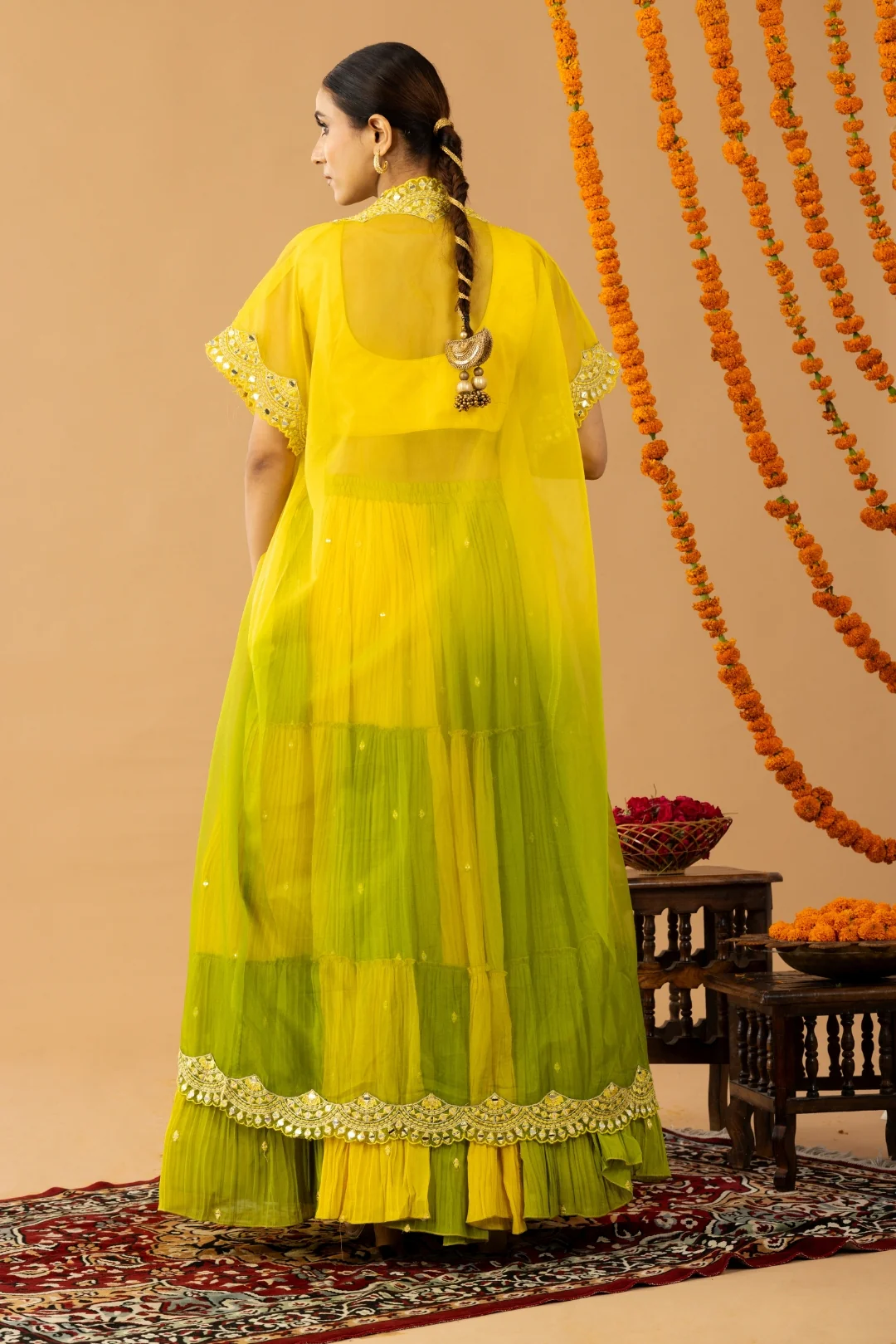 Yellow Green Indo-Western Crop Top Lehenga with Shrug - Image 8