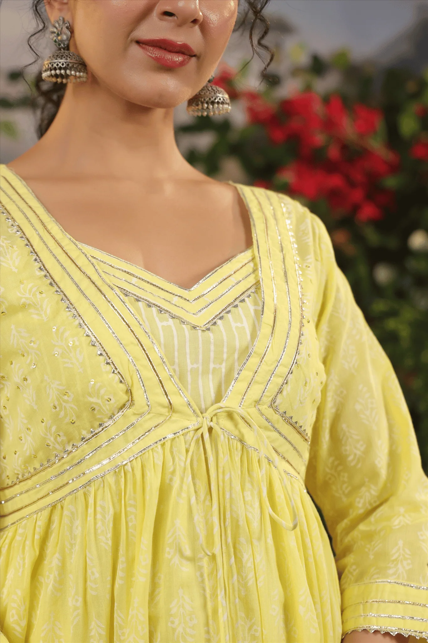 Yellow Hand Block Cotton Kurta Set With Shrug - Image 3